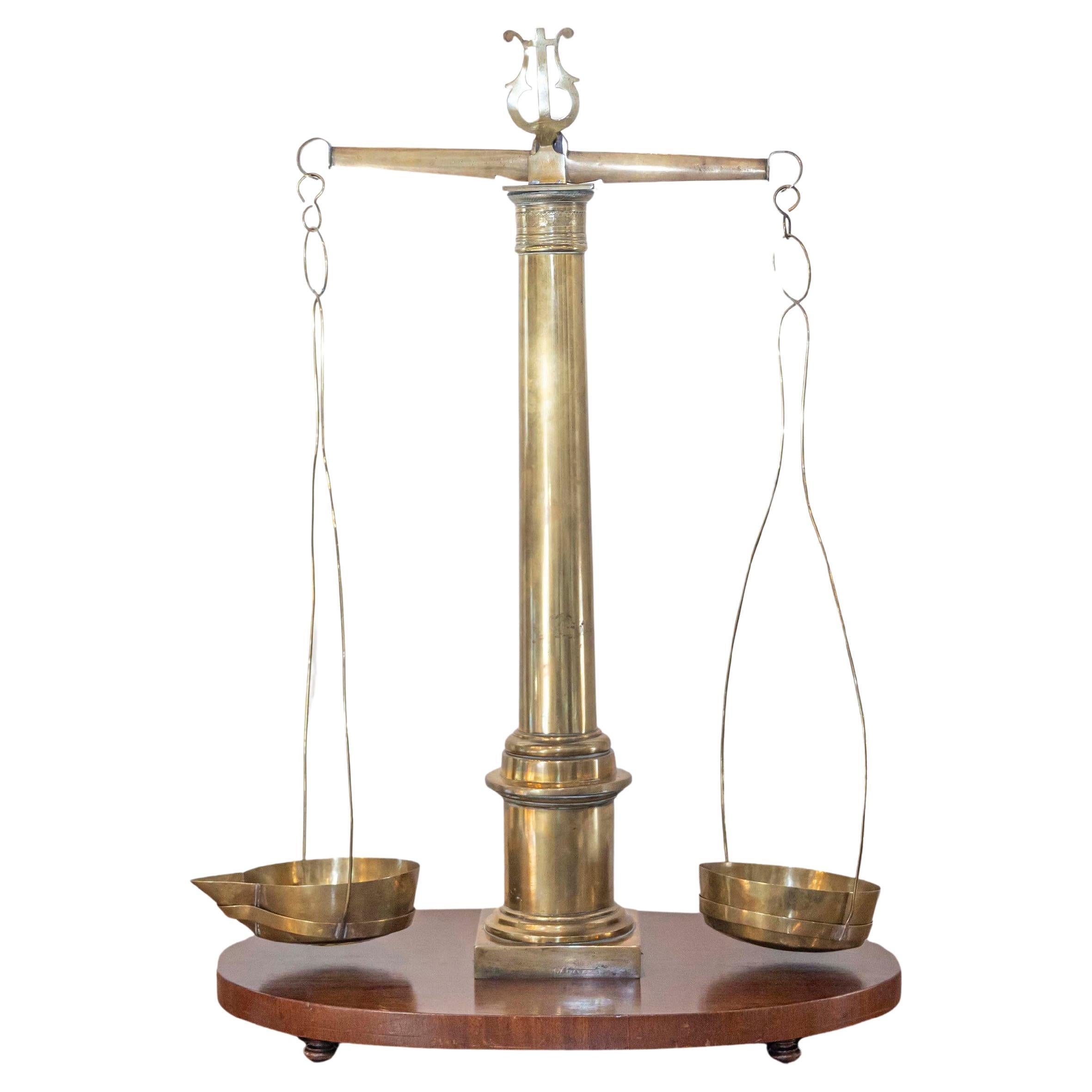 English 19th Century Brass Herbalist Scale with Central Column and Lyre Motif