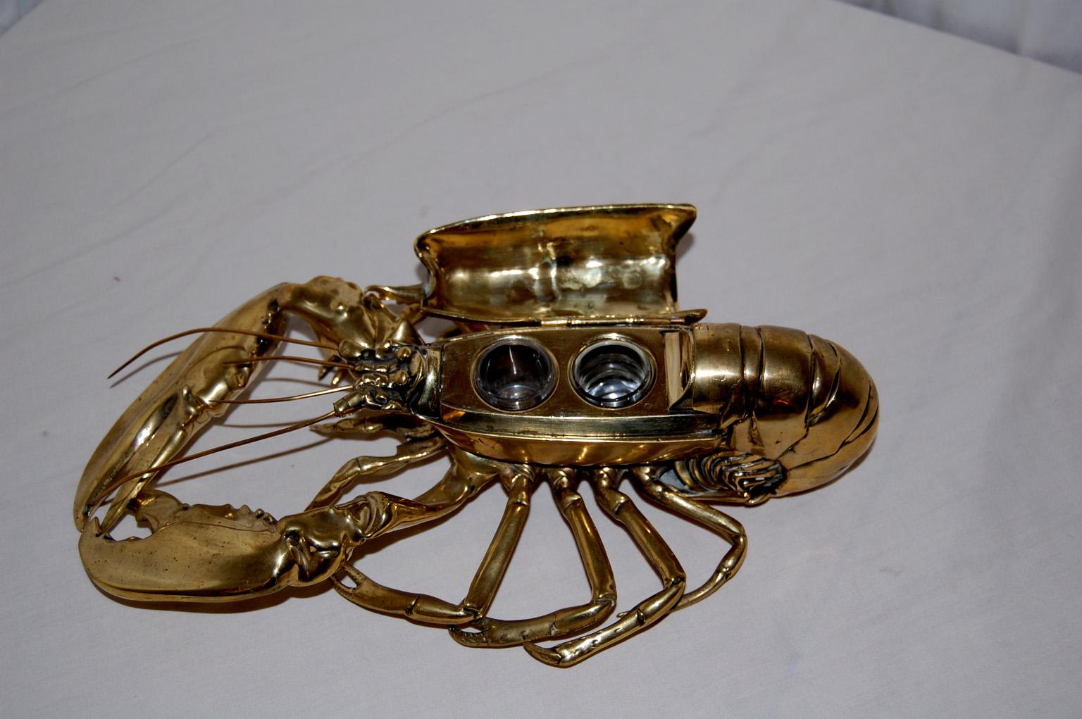Victorian English 19th Century Brass Lobster Double Inkwell  Registry Dated 1889 For Sale