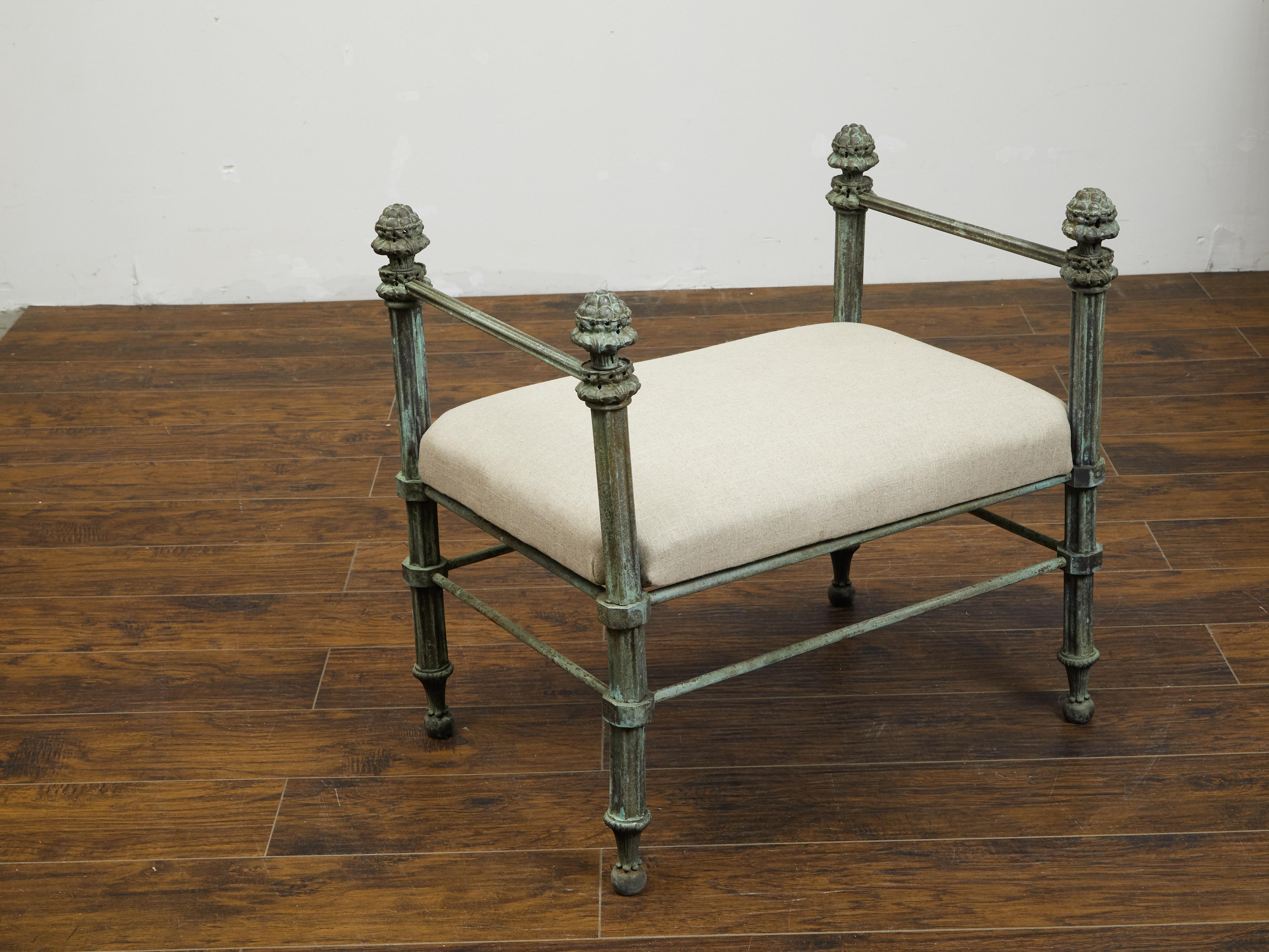 English 19th Century Bronze Bench with Fluted Supports and New Upholstery 8