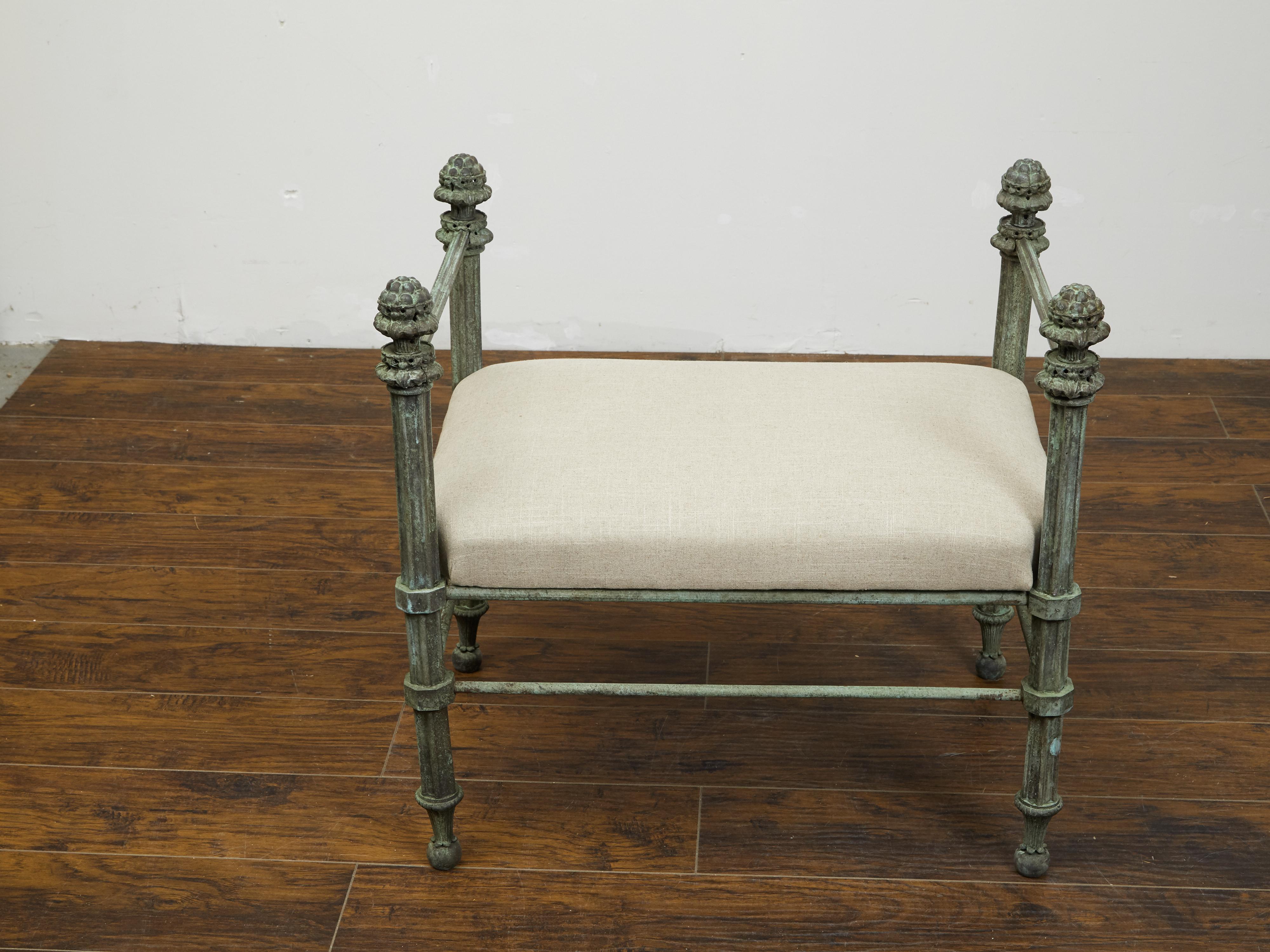 English 19th Century Bronze Bench with Fluted Supports and New Upholstery In Good Condition In Atlanta, GA