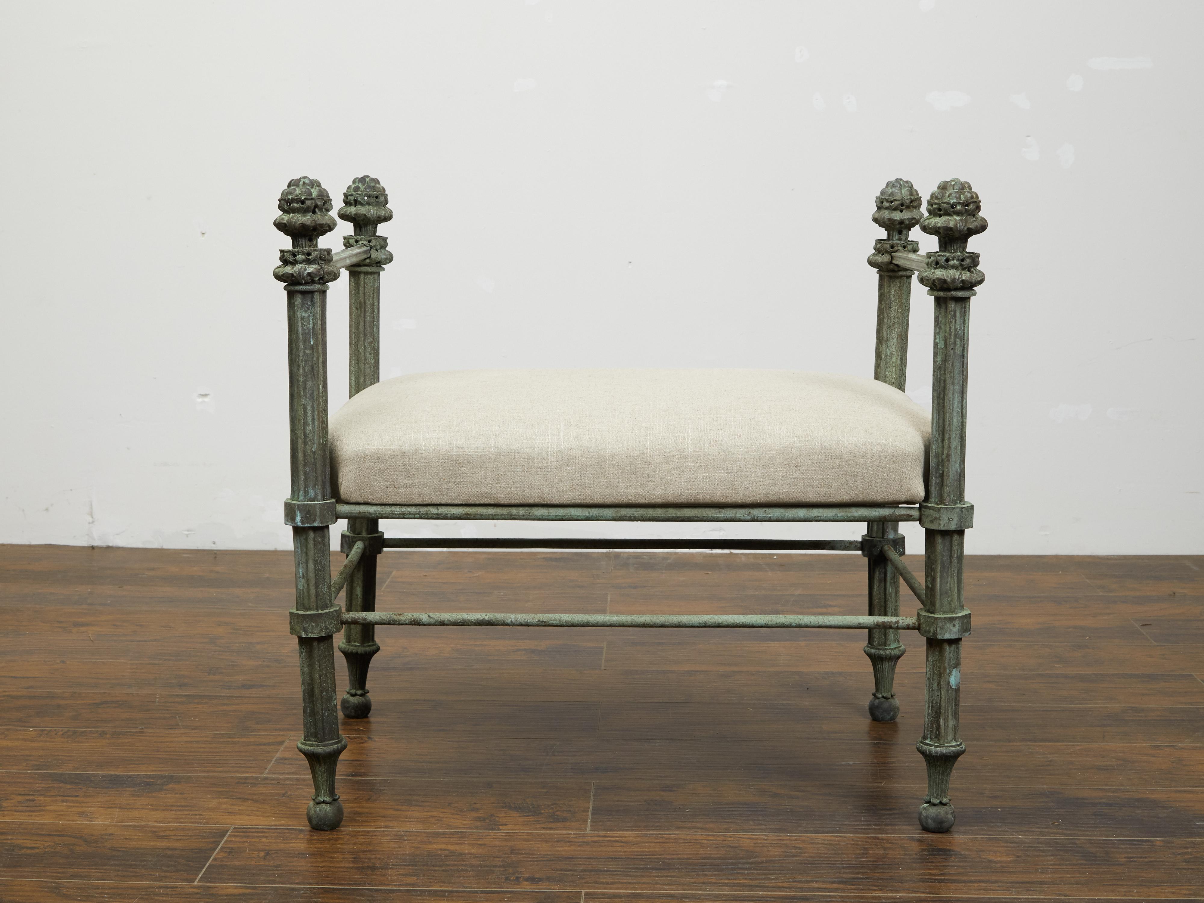 English 19th Century Bronze Bench with Fluted Supports and New Upholstery 1