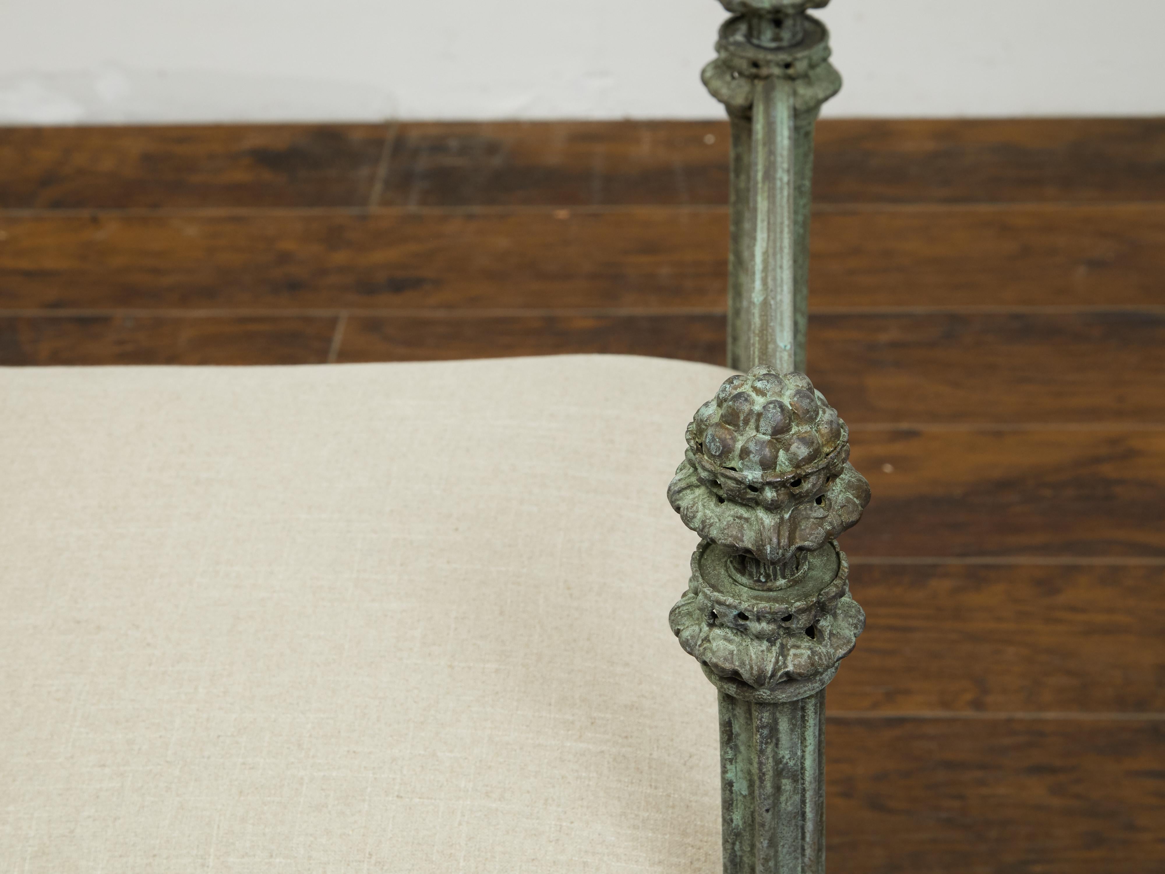 English 19th Century Bronze Bench with Fluted Supports and New Upholstery 2