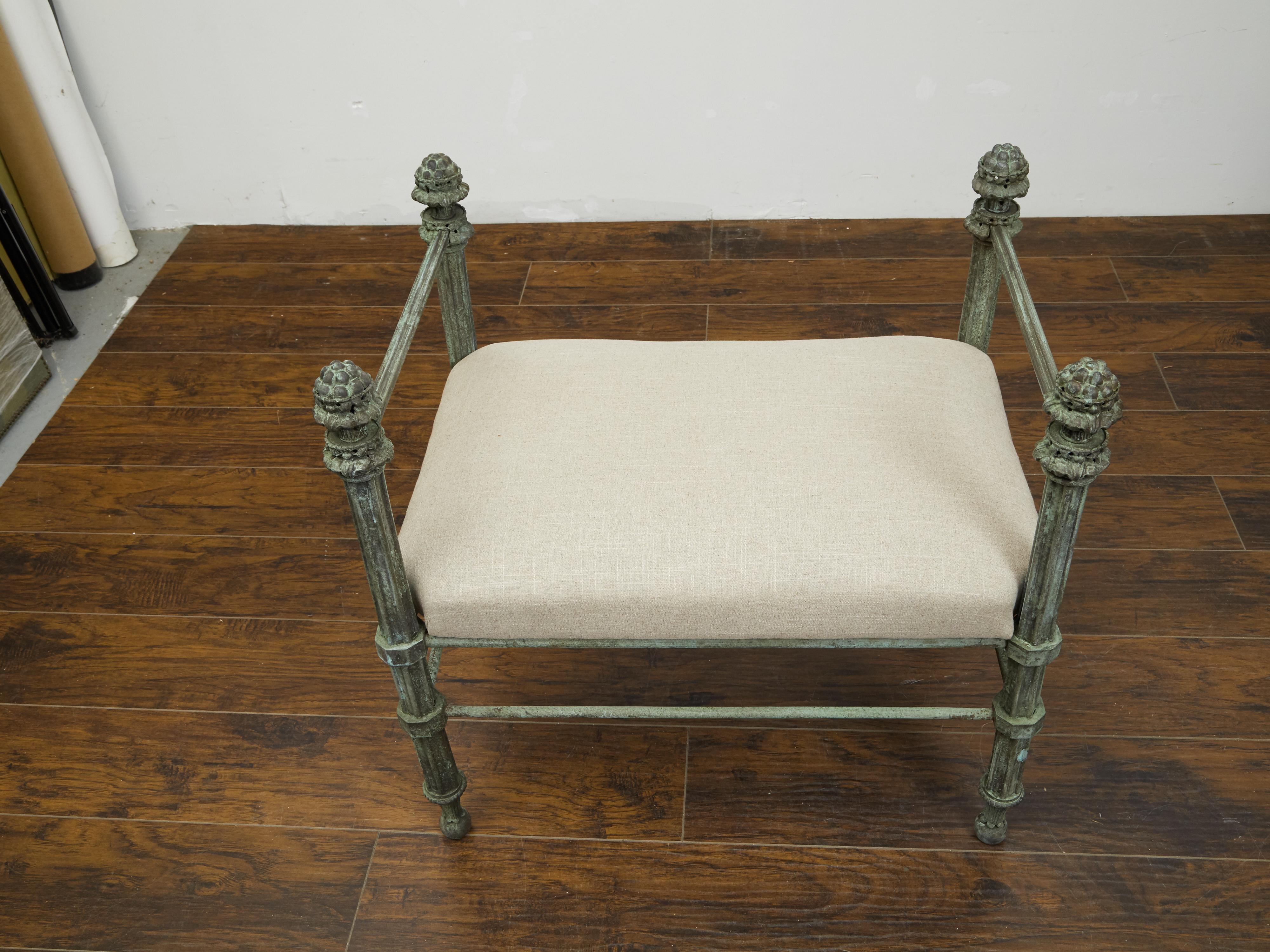 English 19th Century Bronze Bench with Fluted Supports and New Upholstery 3