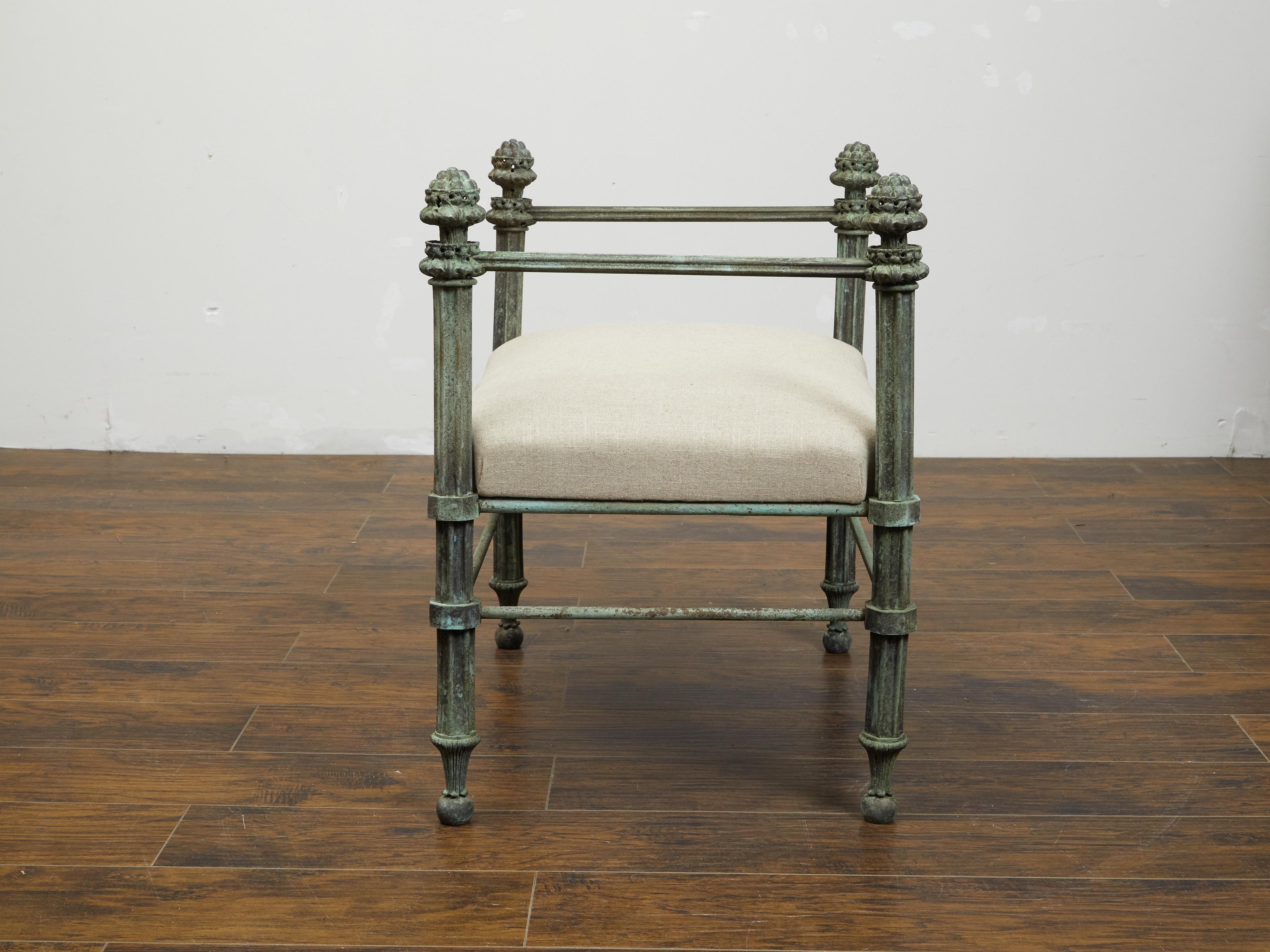 English 19th Century Bronze Bench with Fluted Supports and New Upholstery 4