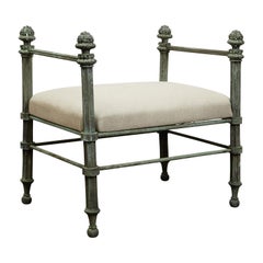 English 19th Century Bronze Bench with Fluted Supports and New Upholstery