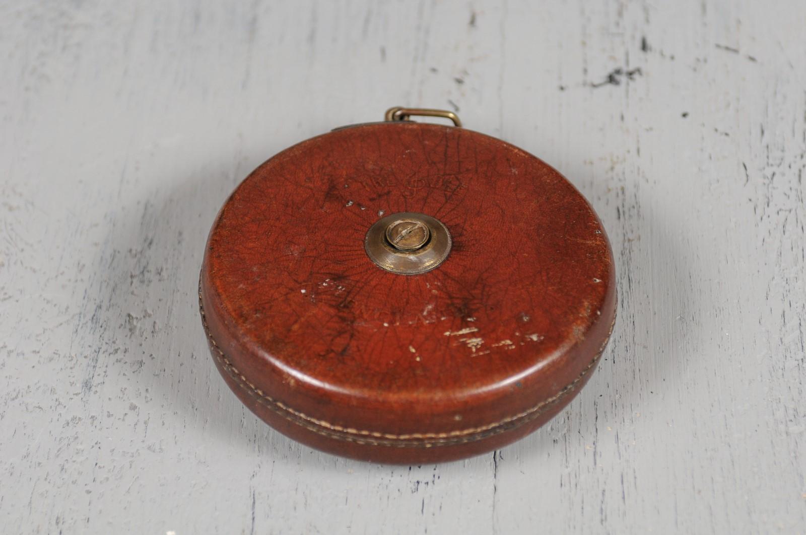 English 19th Century Brown Leather Case Treble England Retractable Tape Measure 3