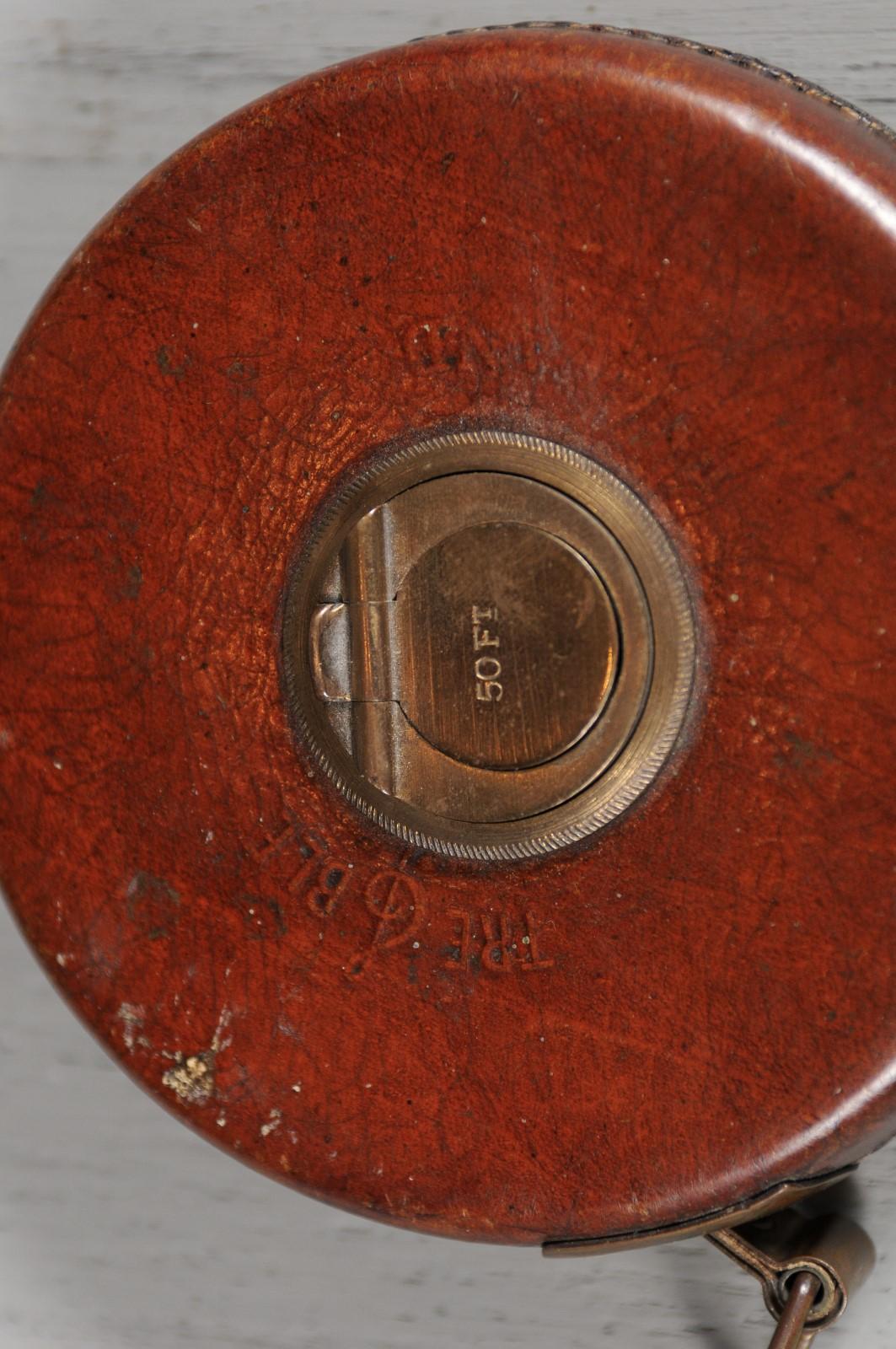 English 19th Century Brown Leather Case Treble England Retractable Tape Measure 4