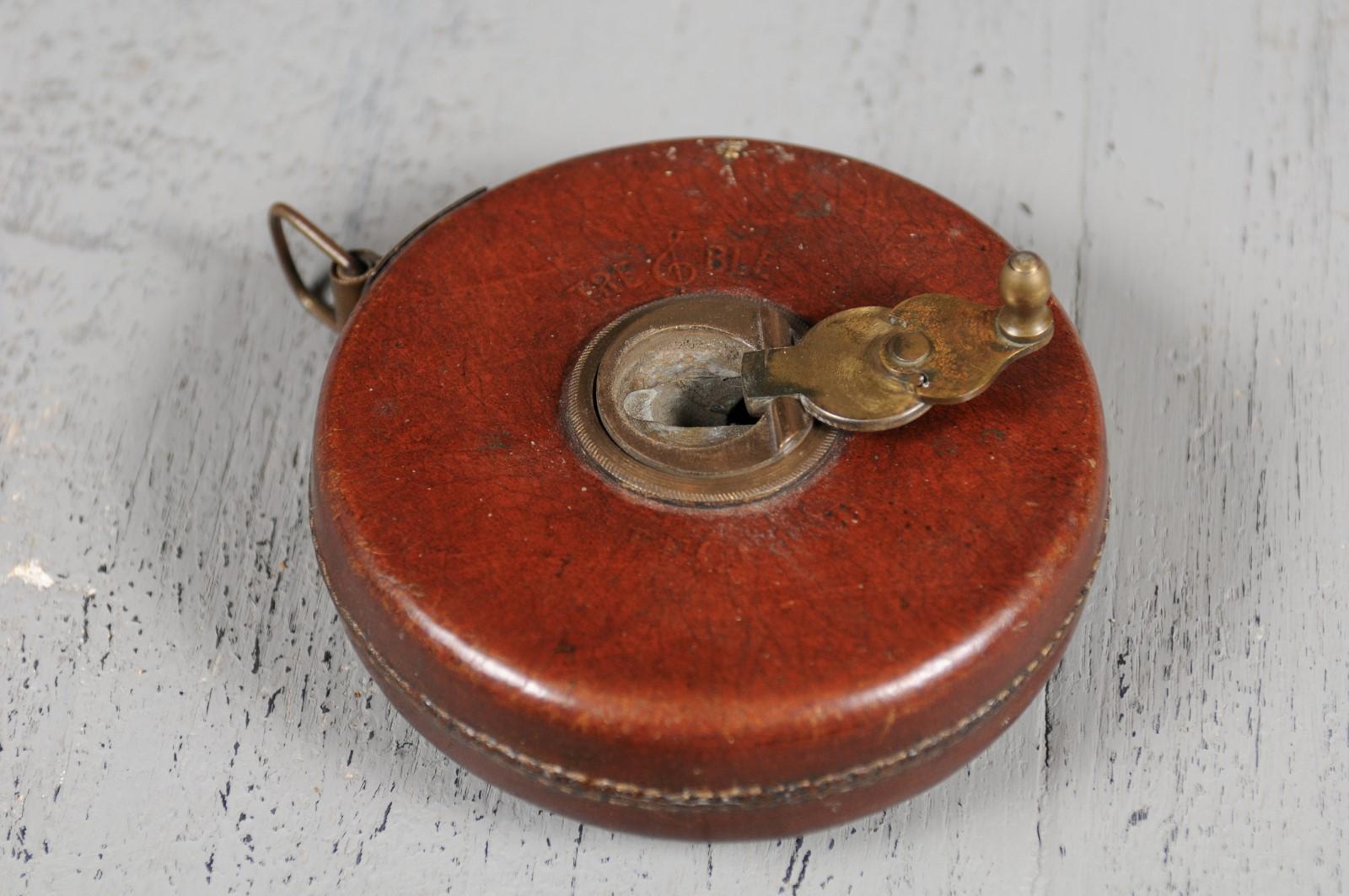 English 19th Century Brown Leather Case Treble England Retractable Tape Measure In Good Condition In Atlanta, GA