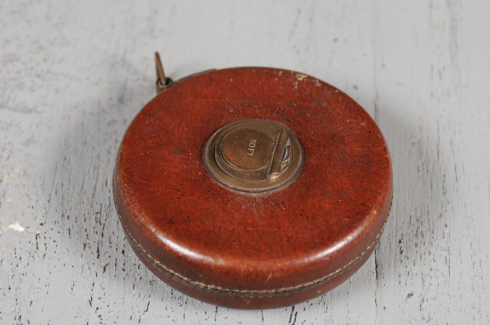 Brass English 19th Century Brown Leather Case Treble England Retractable Tape Measure
