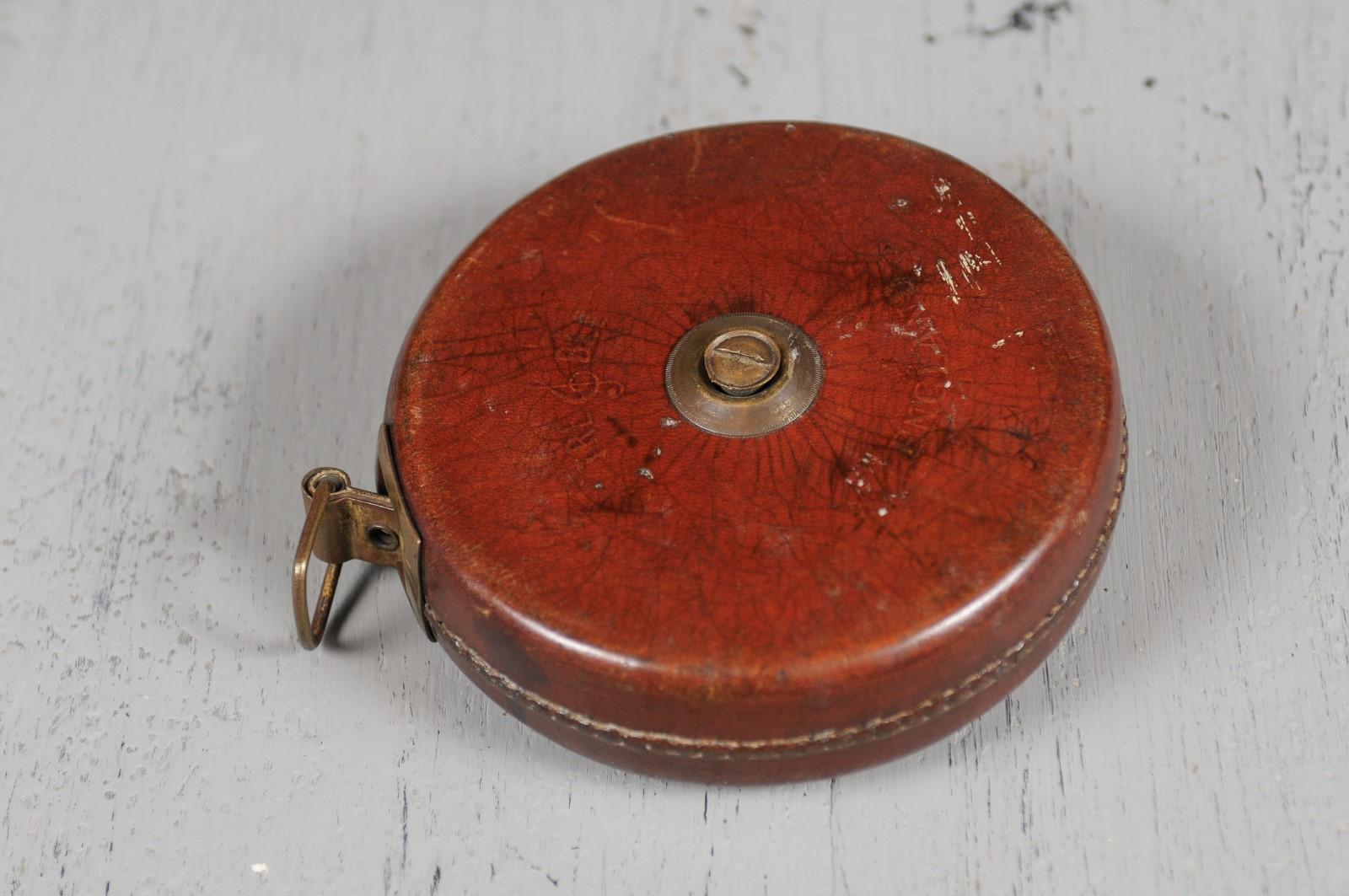 English 19th Century Brown Leather Case Treble England Retractable Tape Measure 1