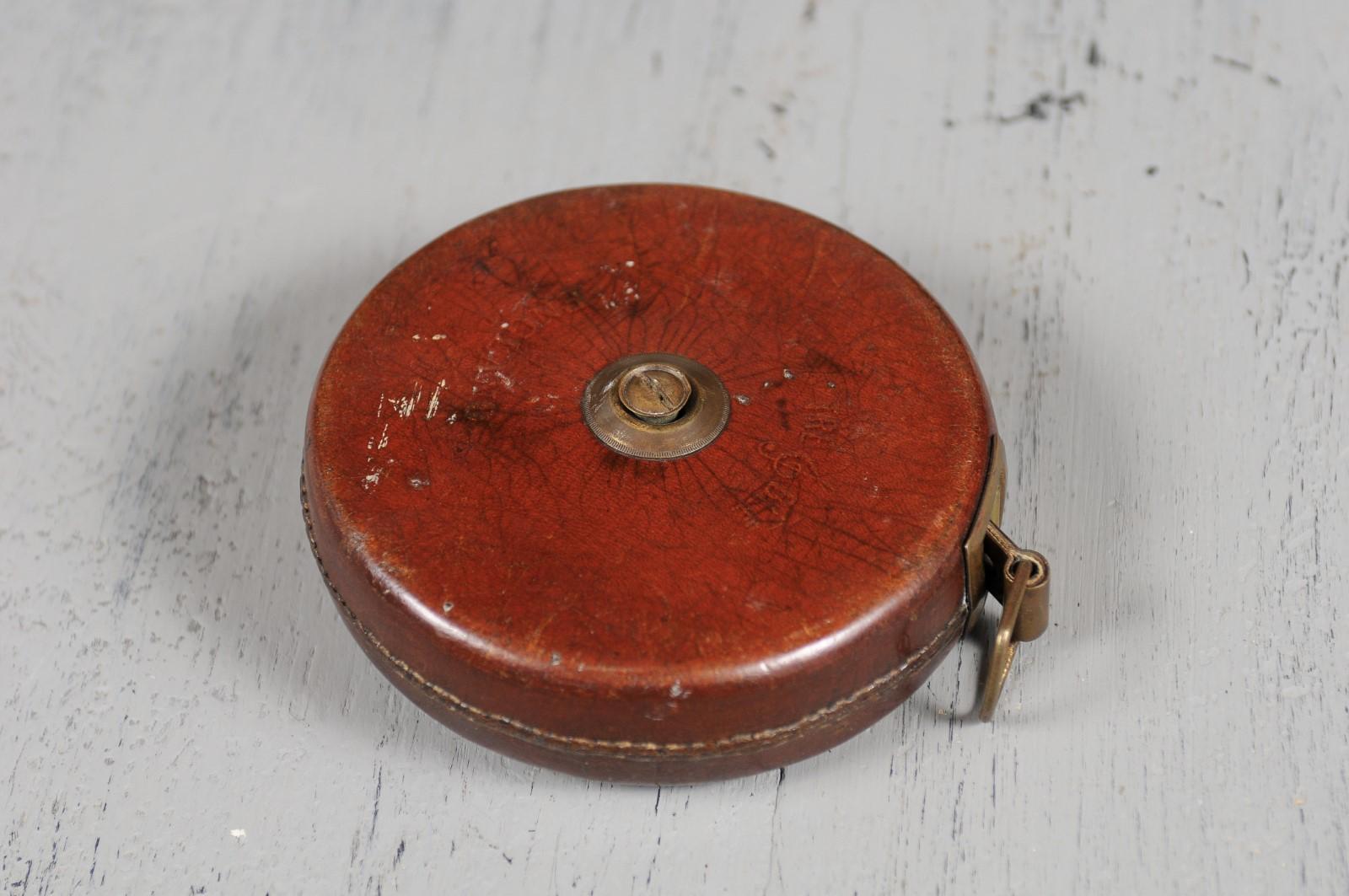 English 19th Century Brown Leather Case Treble England Retractable Tape Measure 2