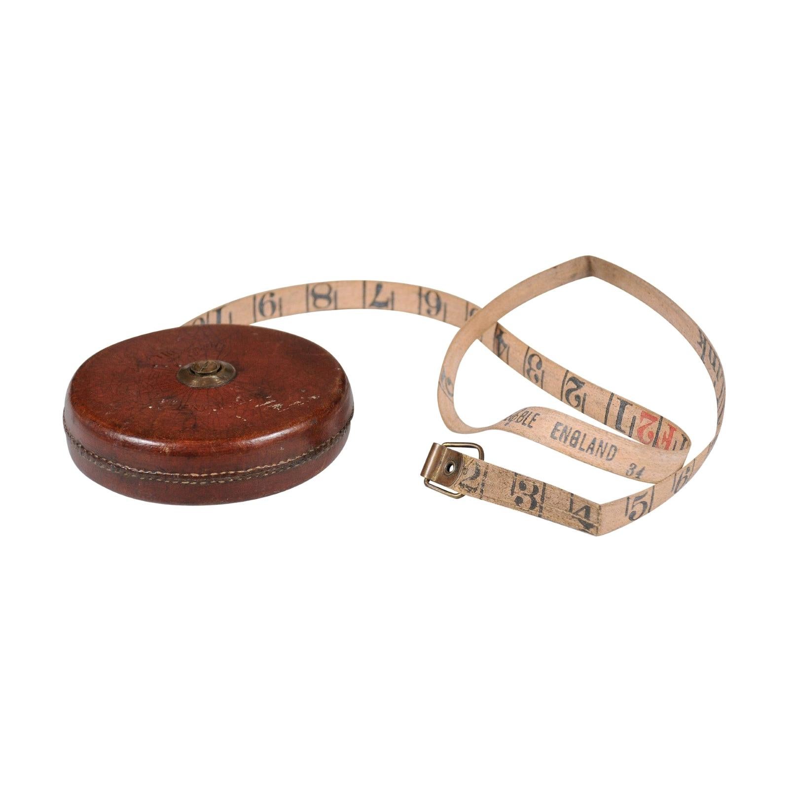 English 19th Century Brown Leather Case Treble England Retractable Tape Measure