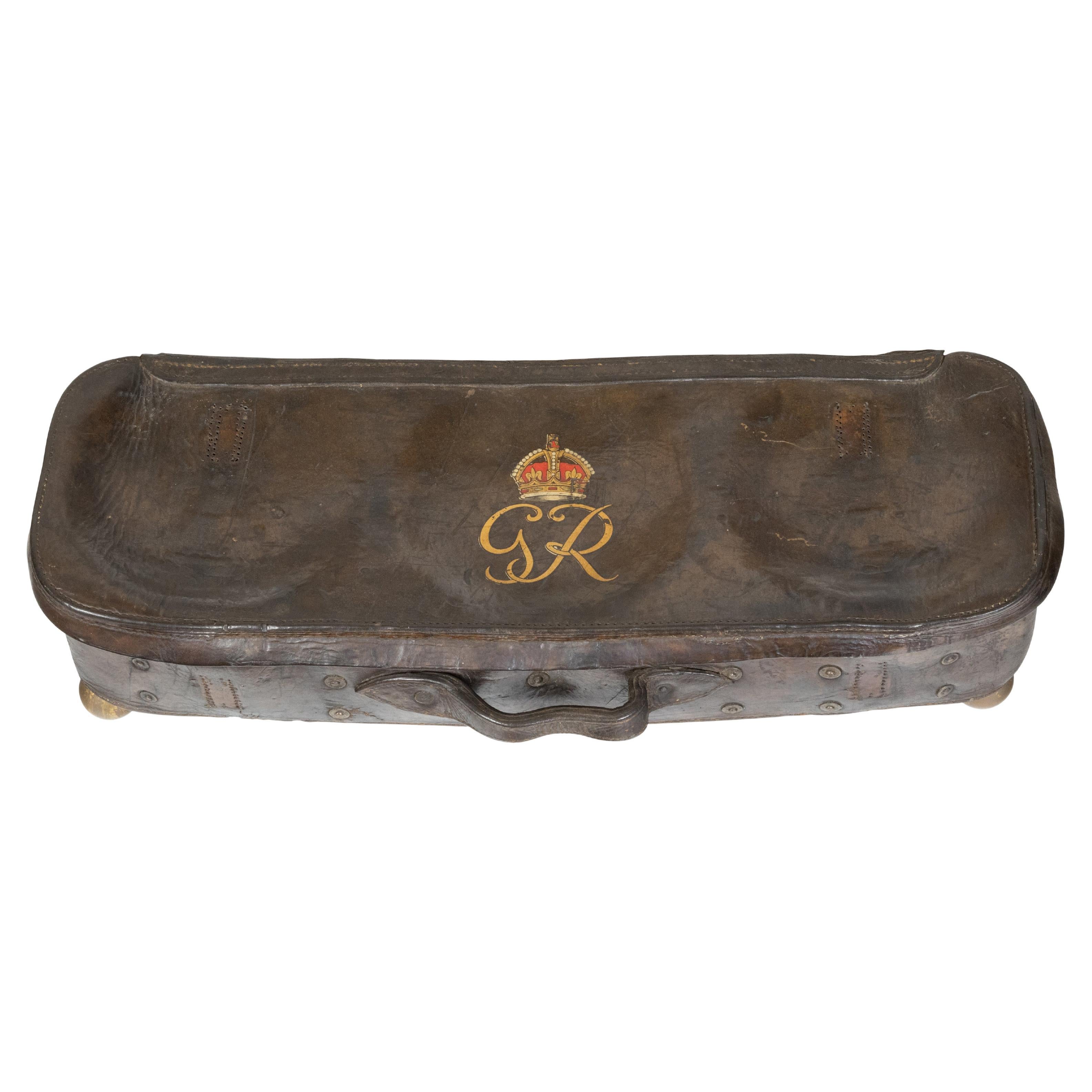 English 19th Century Brown Leather Case with GR Crowned Monogram and Ball Feet For Sale