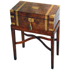 English 19th Century Burl Walnut Brass Bound Writing Box on Stand
