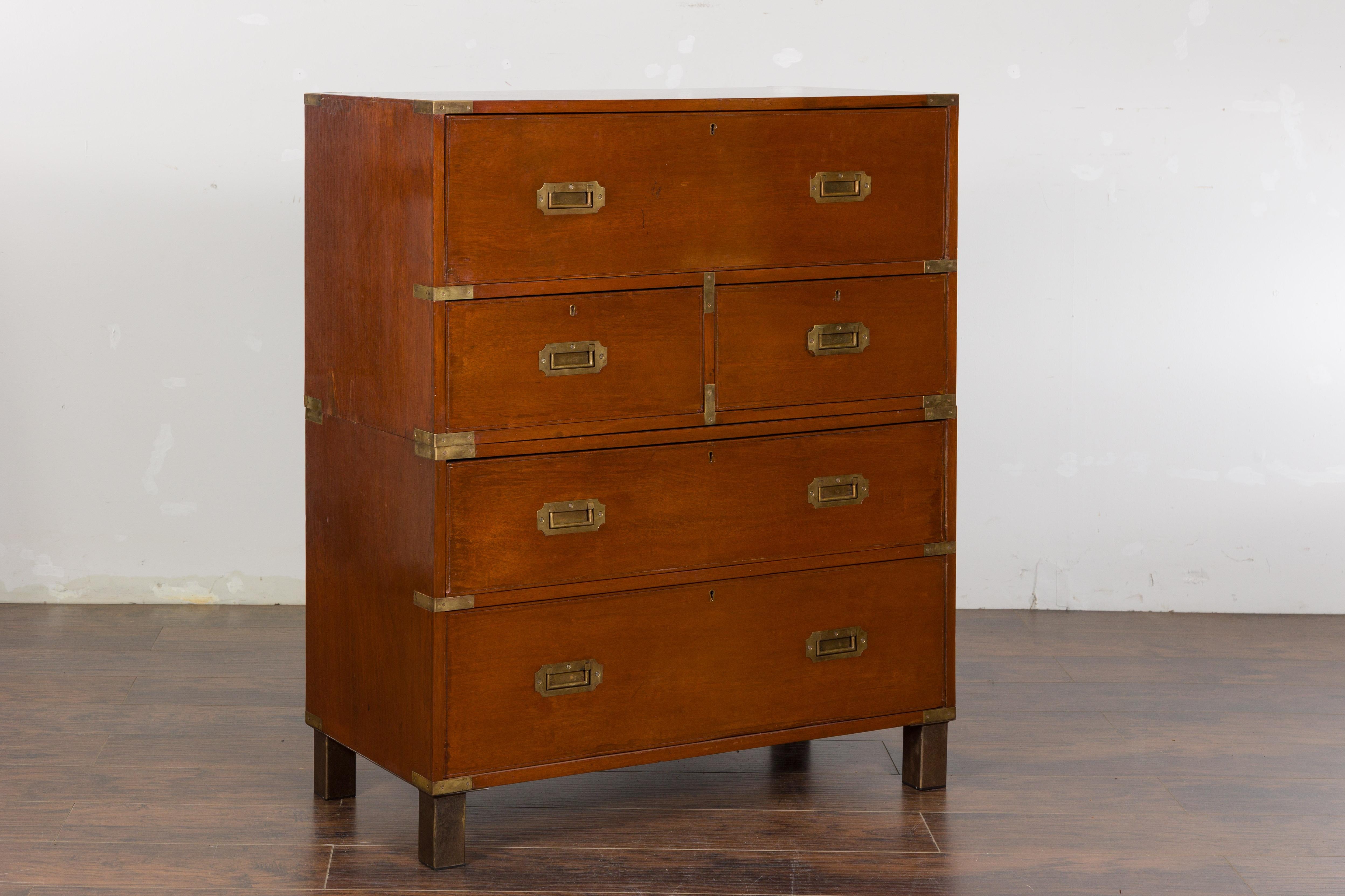 Brass English 19th Century Campaign Chest with Drop Front Desk and Four Drawers For Sale