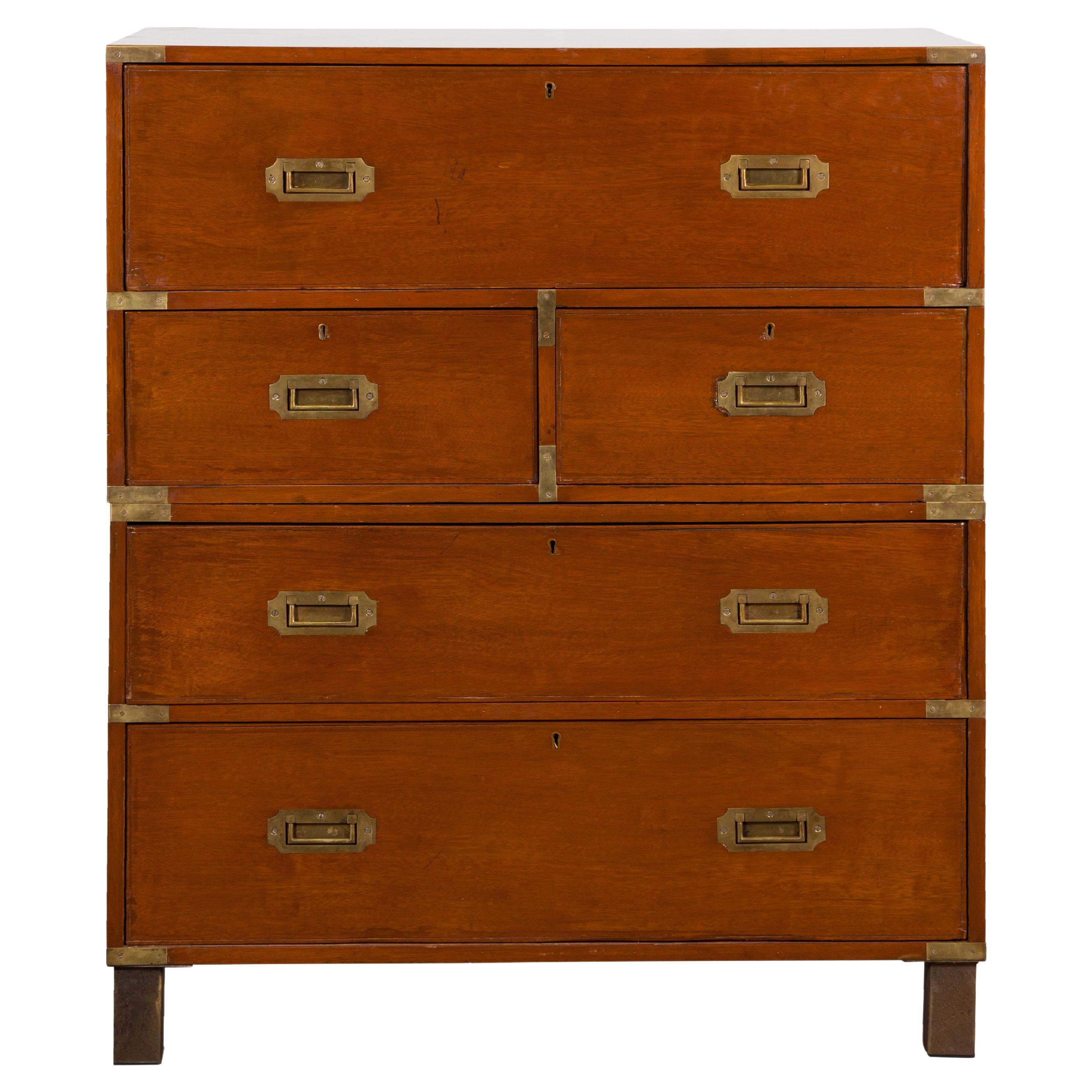 English 19th Century Campaign Chest with Drop Front Desk and Four Drawers For Sale