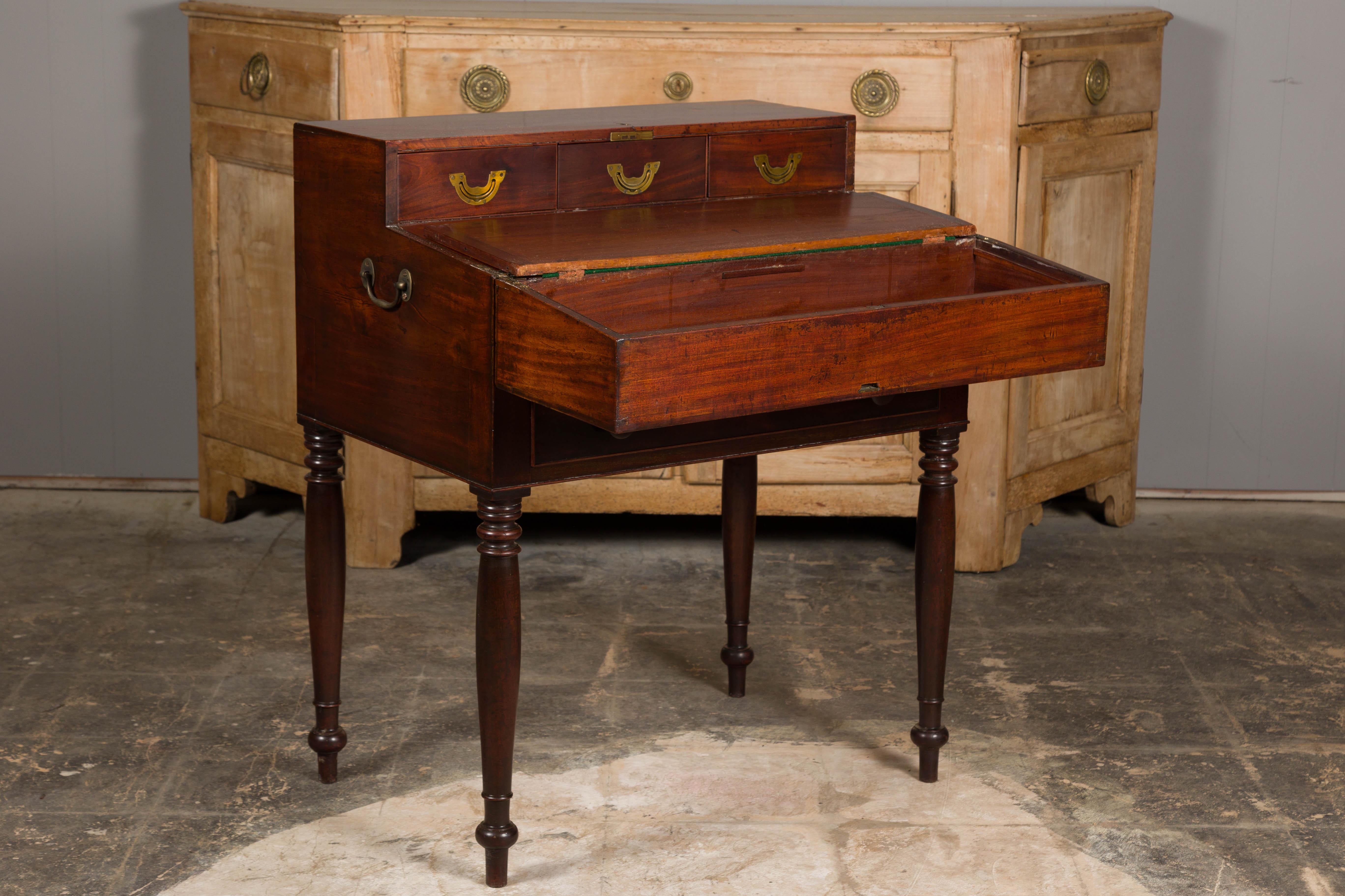 English 19th Century Campaign Mahogany Box with Unfolding Desk and Drawers For Sale 5