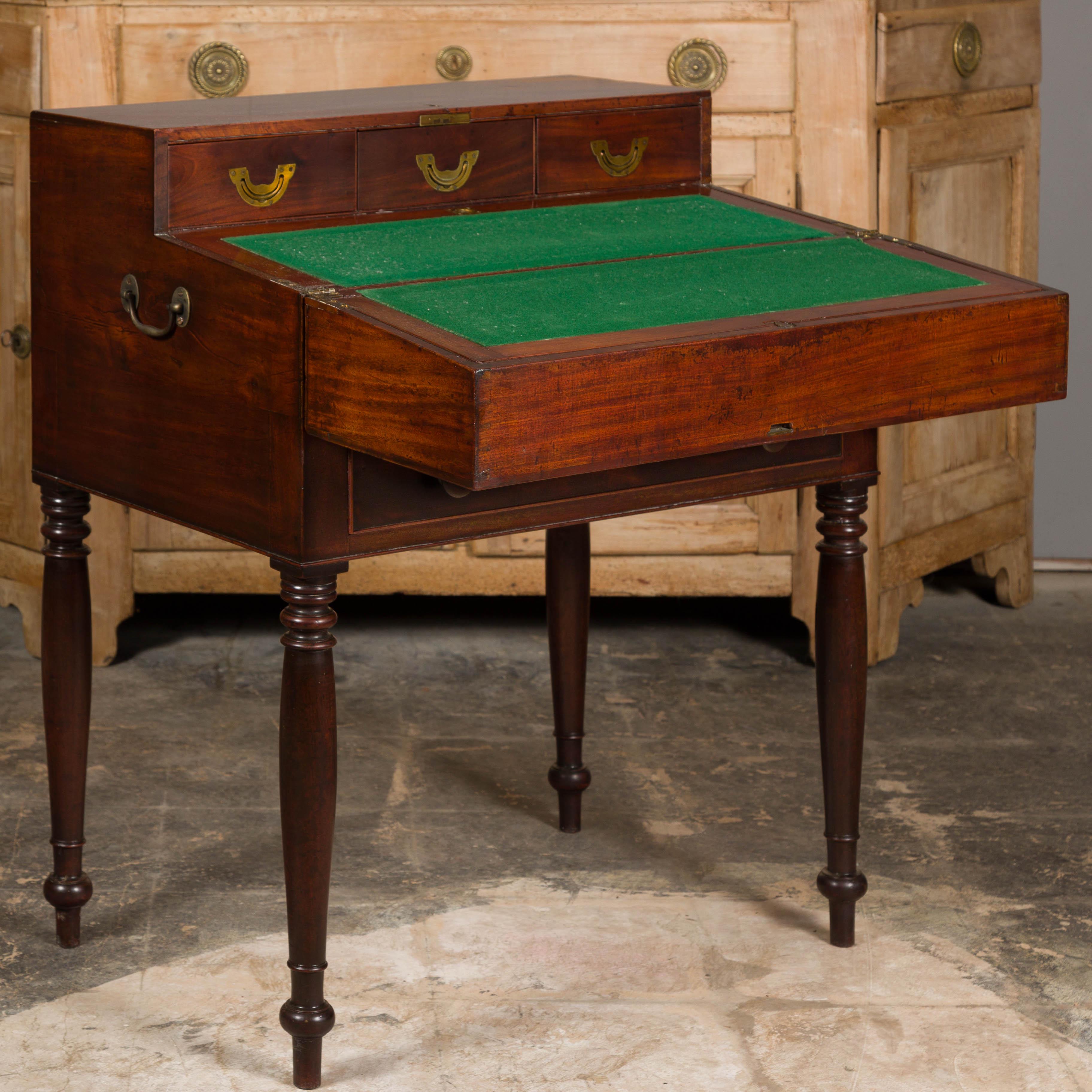 English 19th Century Campaign Mahogany Box with Unfolding Desk and Drawers For Sale 8