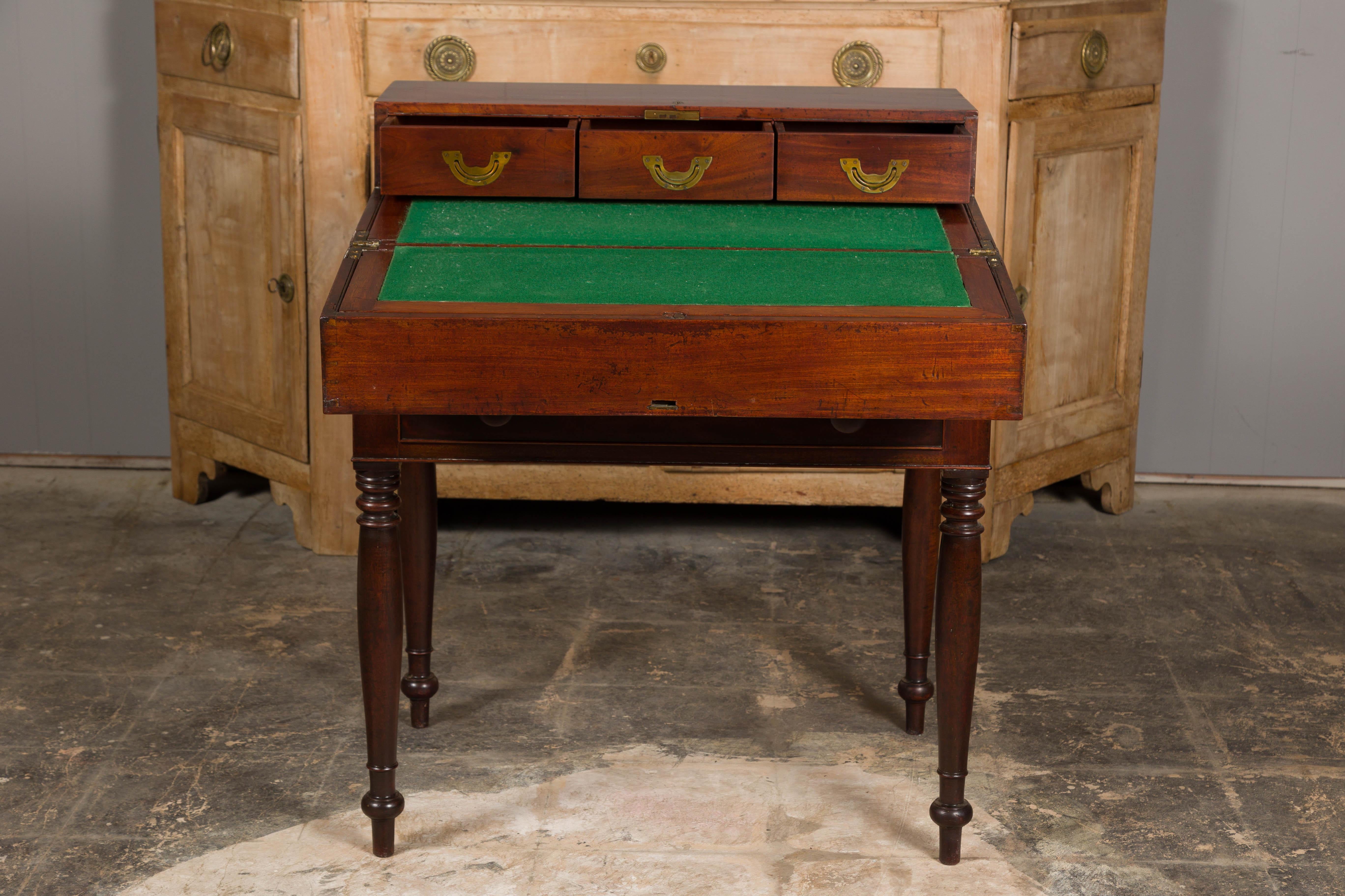 English 19th Century Campaign Mahogany Box with Unfolding Desk and Drawers For Sale 1