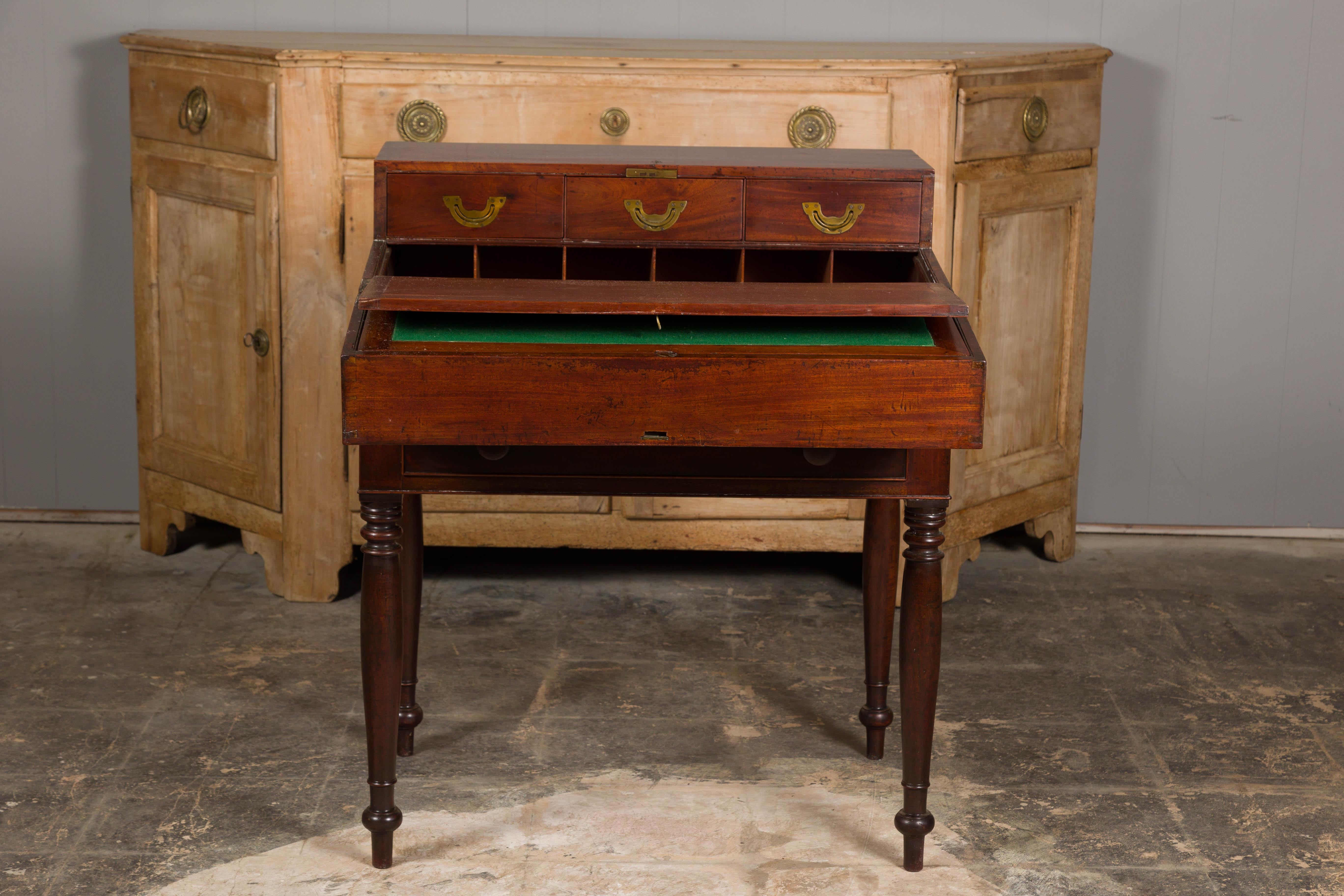 English 19th Century Campaign Mahogany Box with Unfolding Desk and Drawers For Sale 3