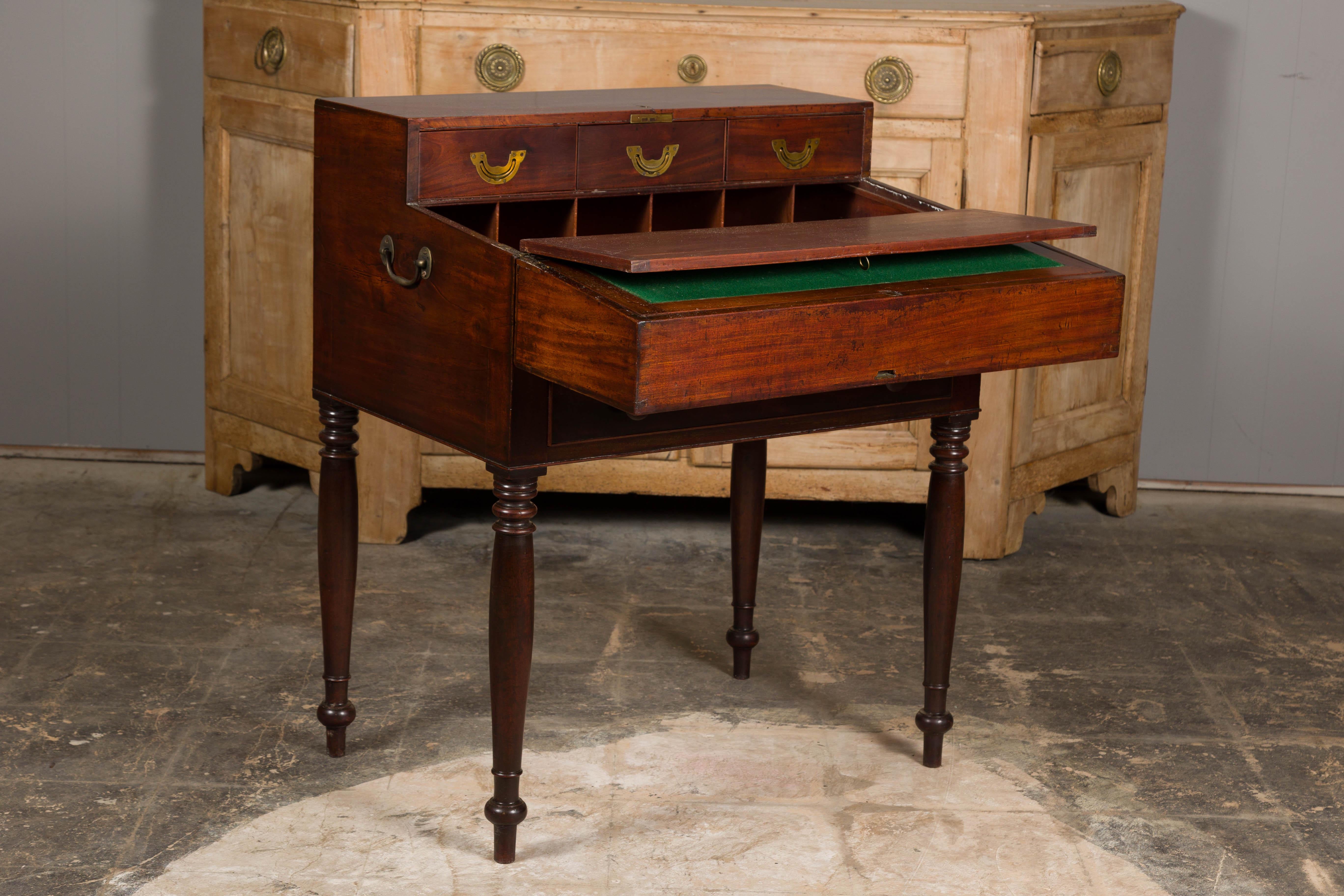 English 19th Century Campaign Mahogany Box with Unfolding Desk and Drawers For Sale 4