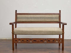 English 19th Century Carved Hardwood Settee with Grain Sack Upholstery