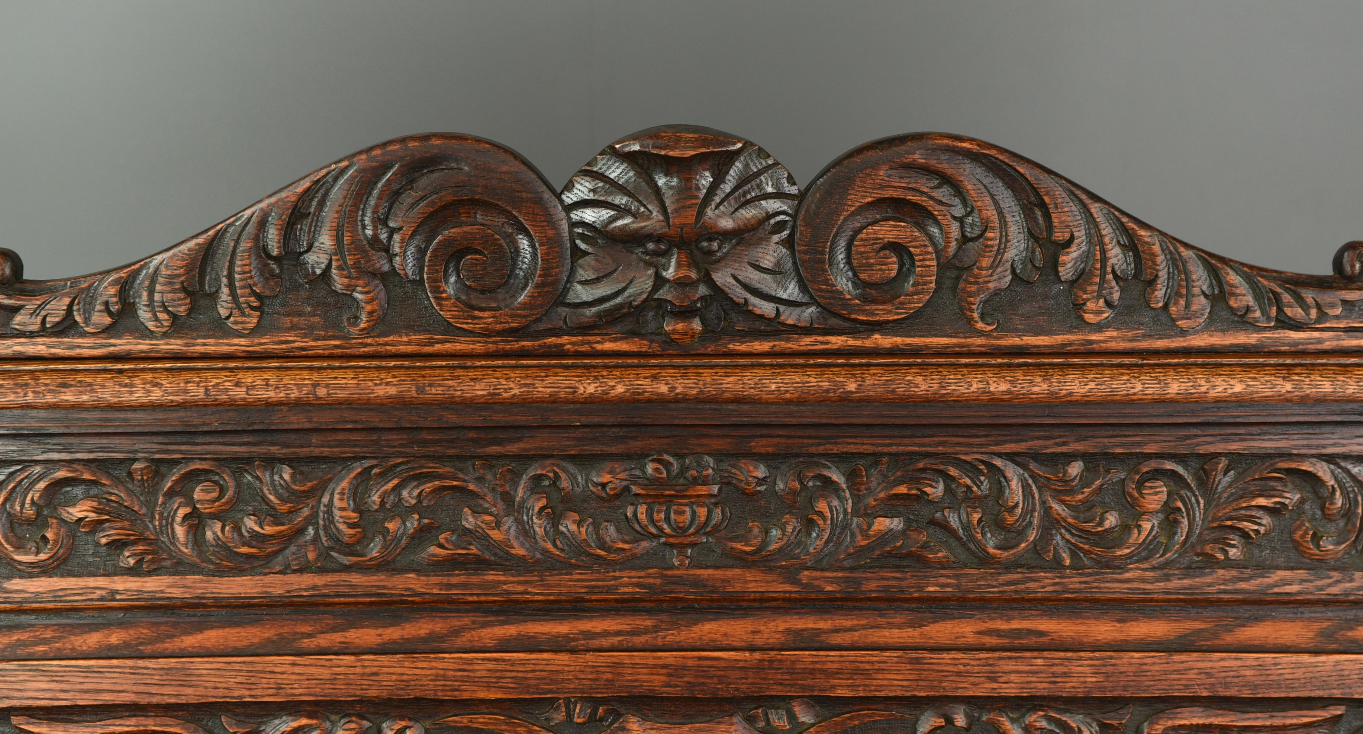 English 19th Century Carved Oak Box Settle Bench 1