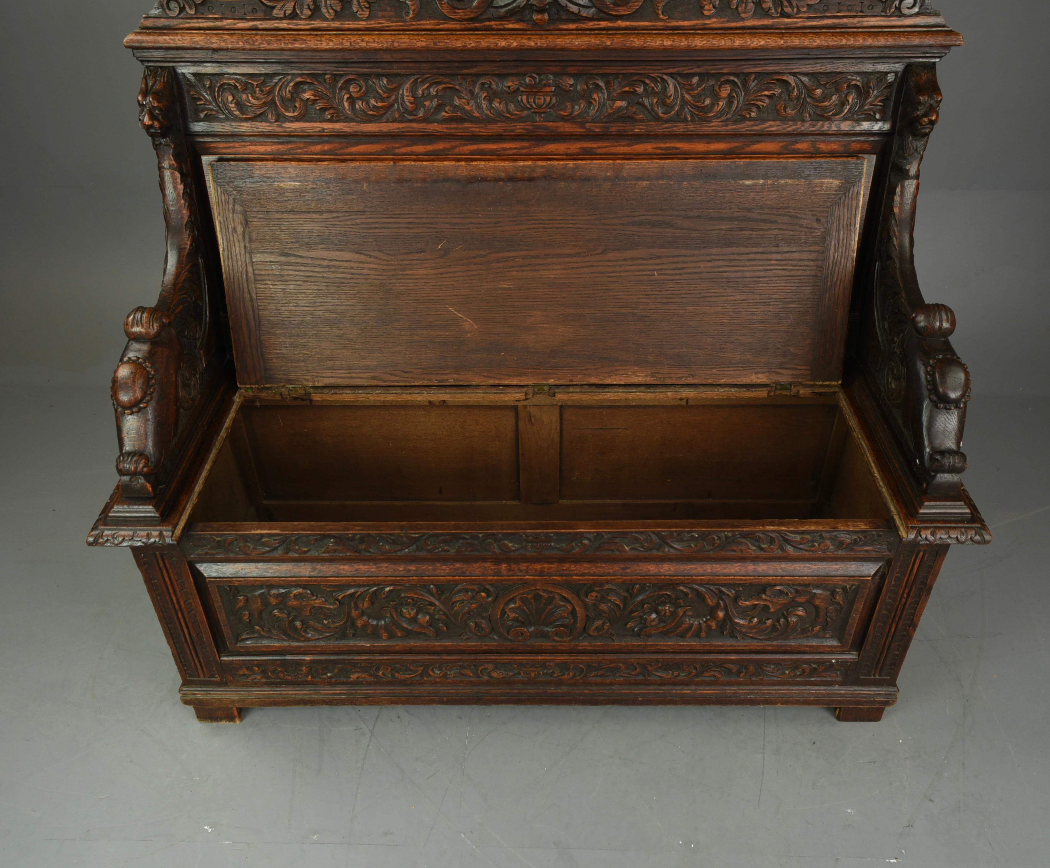 English 19th Century Carved Oak Box Settle Bench 2
