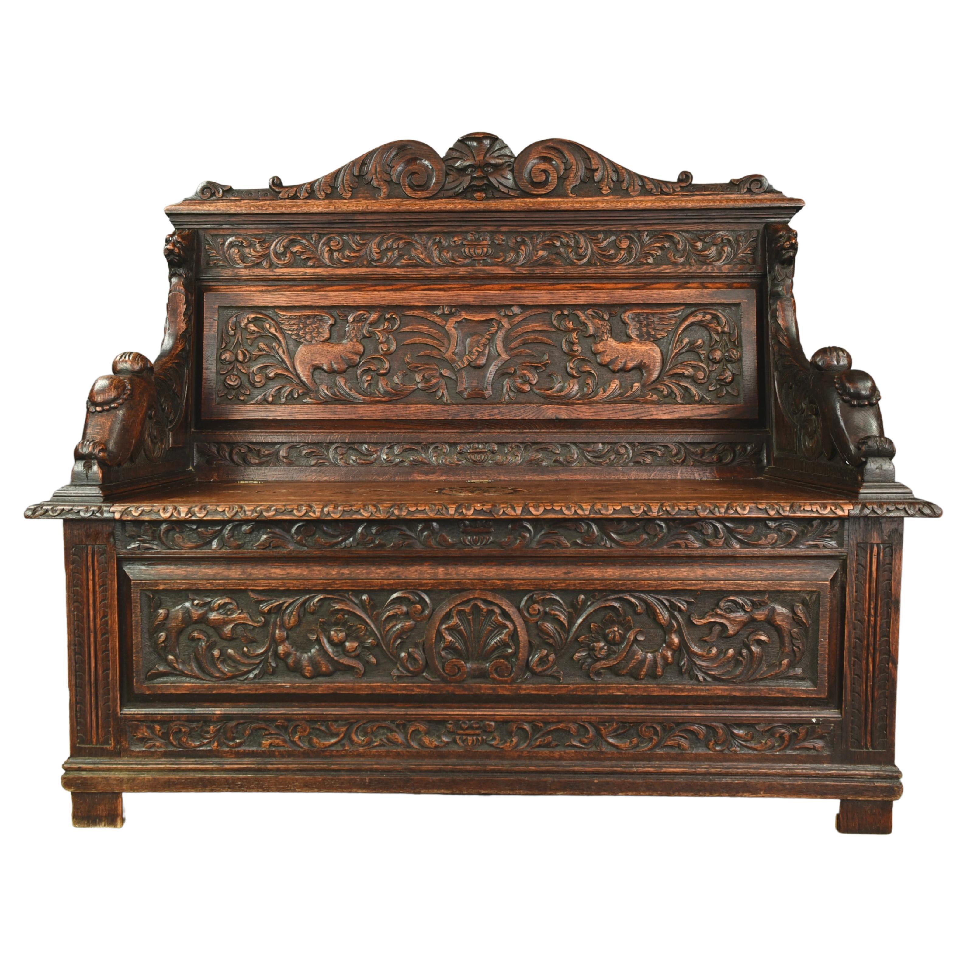 English 19th Century Carved Oak Box Settle Bench