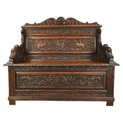 Antique English 19th Century Carved Oak Box Settle Bench