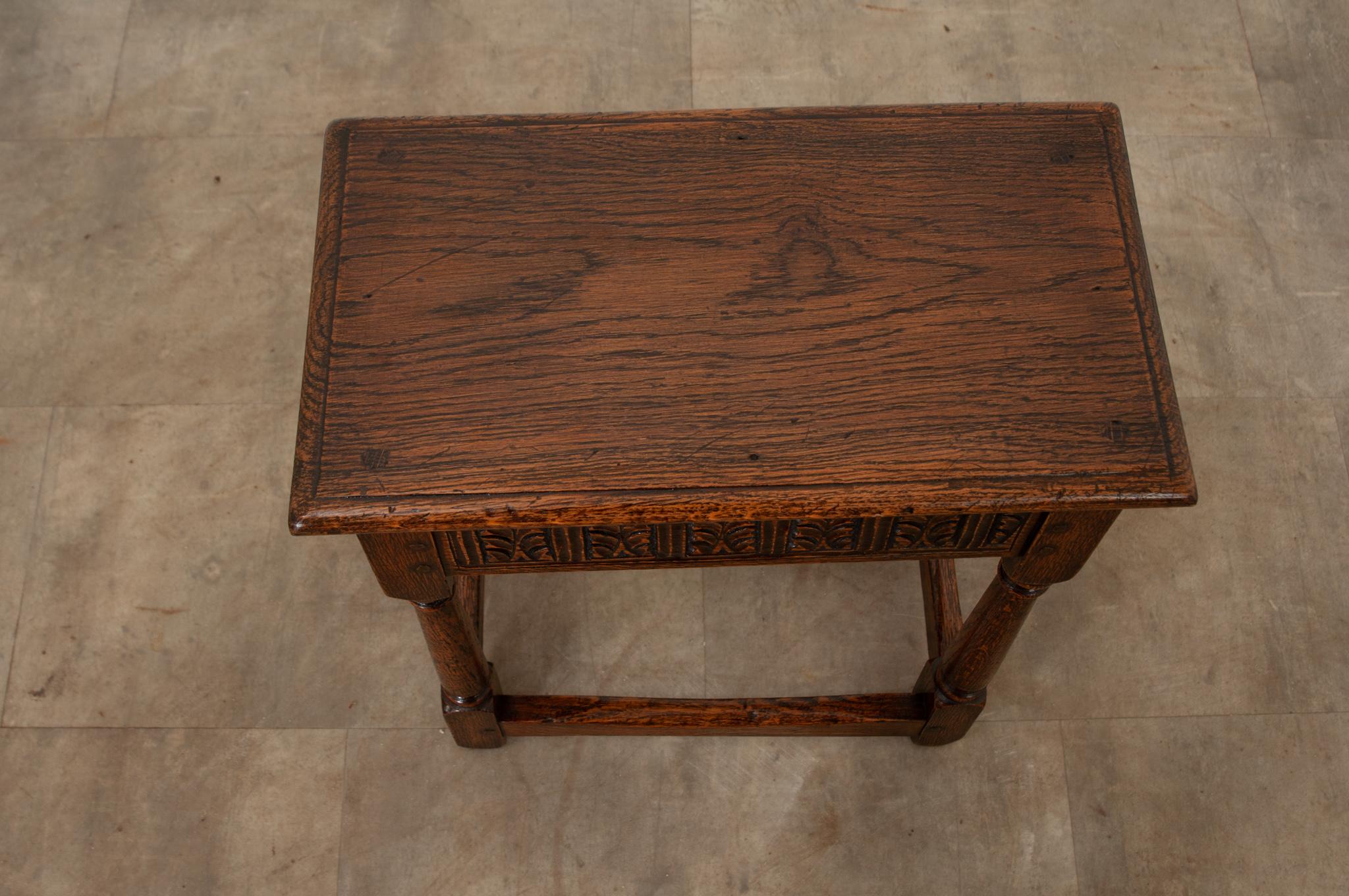 Turned English 19th Century Carved Oak Joint Stool For Sale