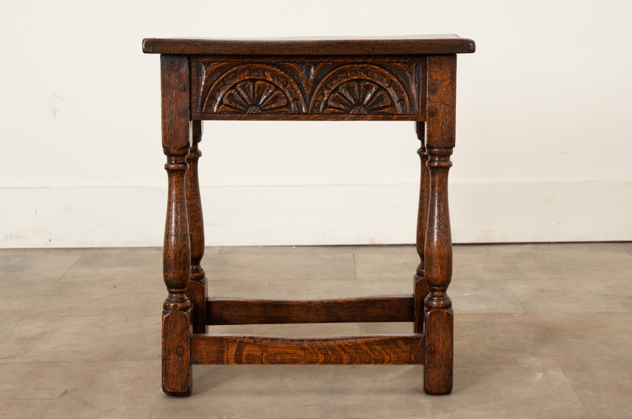 Woodwork English 19th Century Carved Oak Joint Stool For Sale