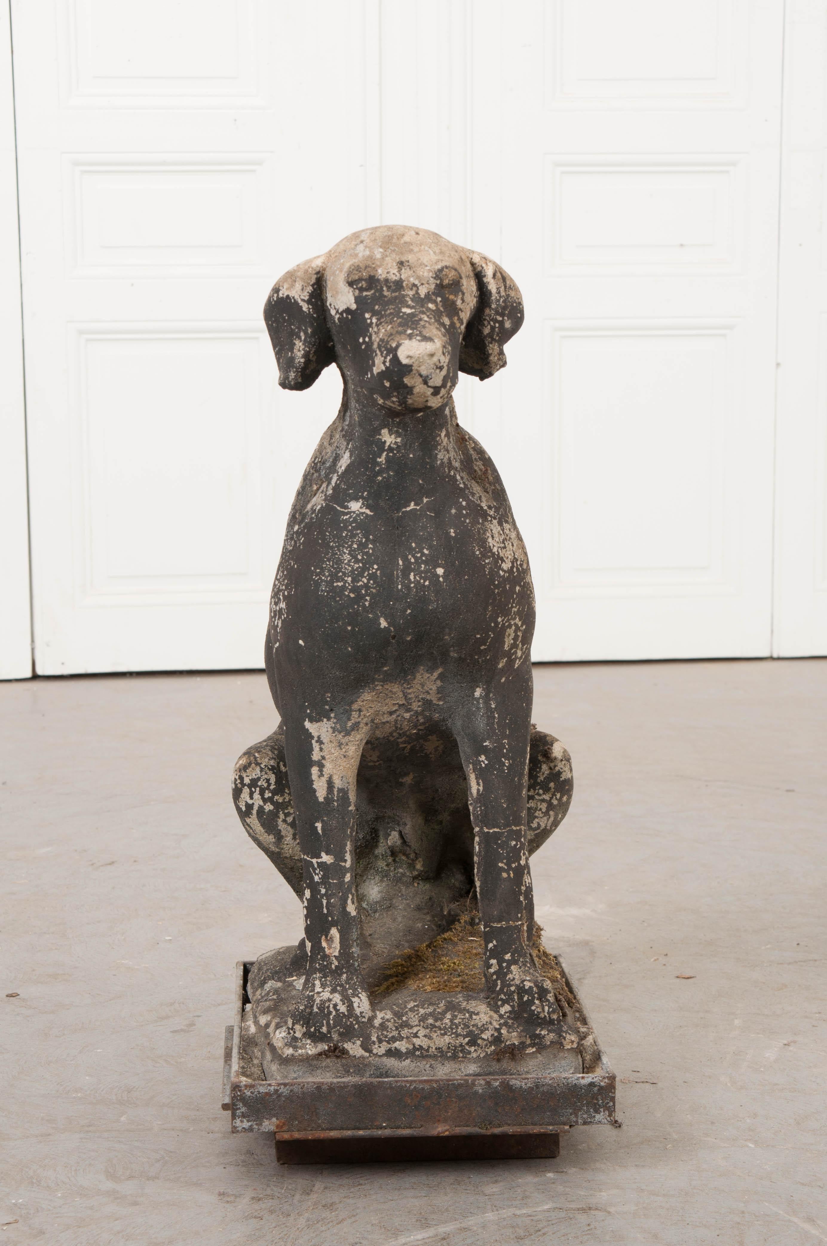 This charming life-sized carved stone statue of a seated retriever, circa 1880s, is from England and has a wonderful patina. Mounted within a detachable base, this pup will faithfully guard your outdoor space!