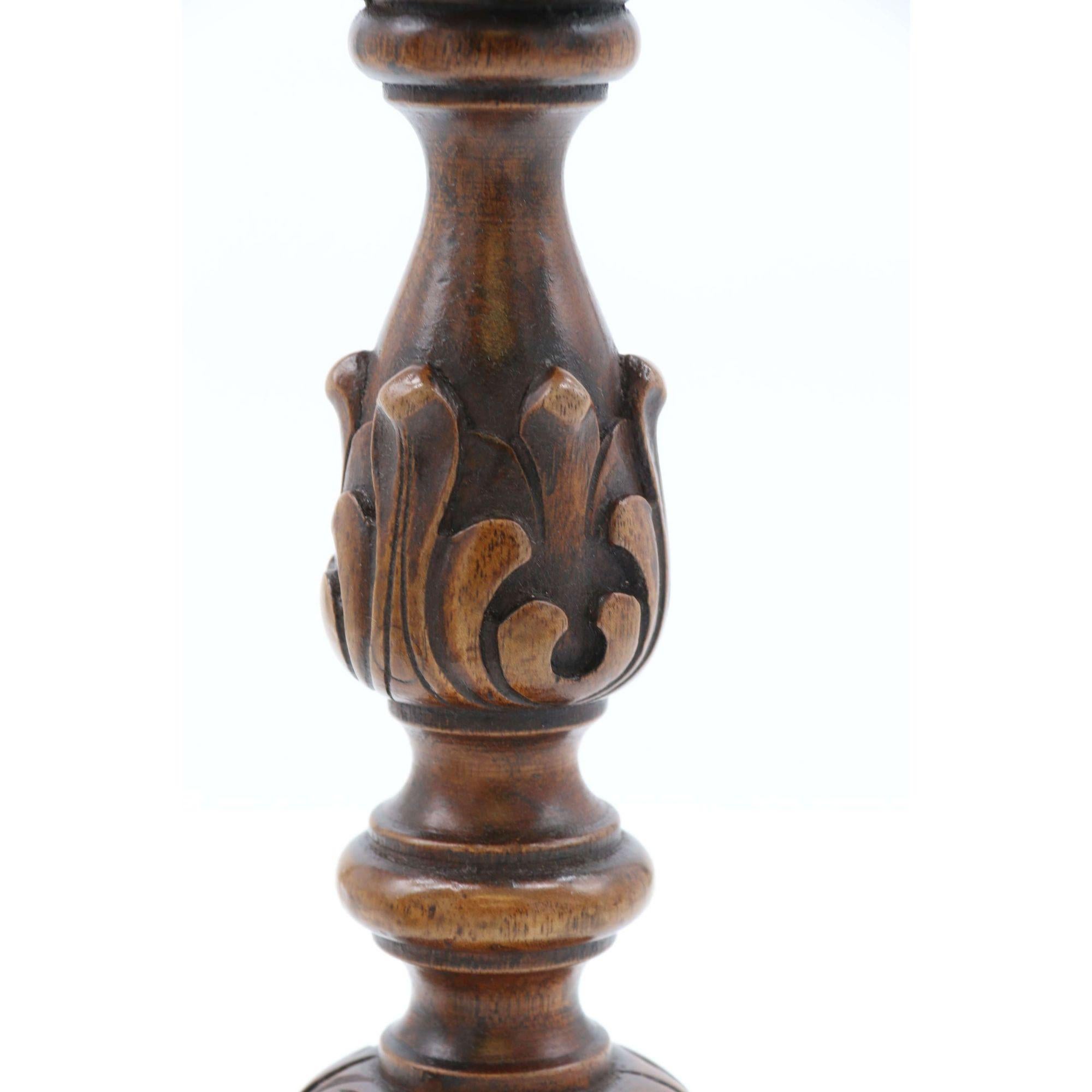 English 19th Century Carved Walnut and Brass Mounted Candlesticks, circa 1880 For Sale 7
