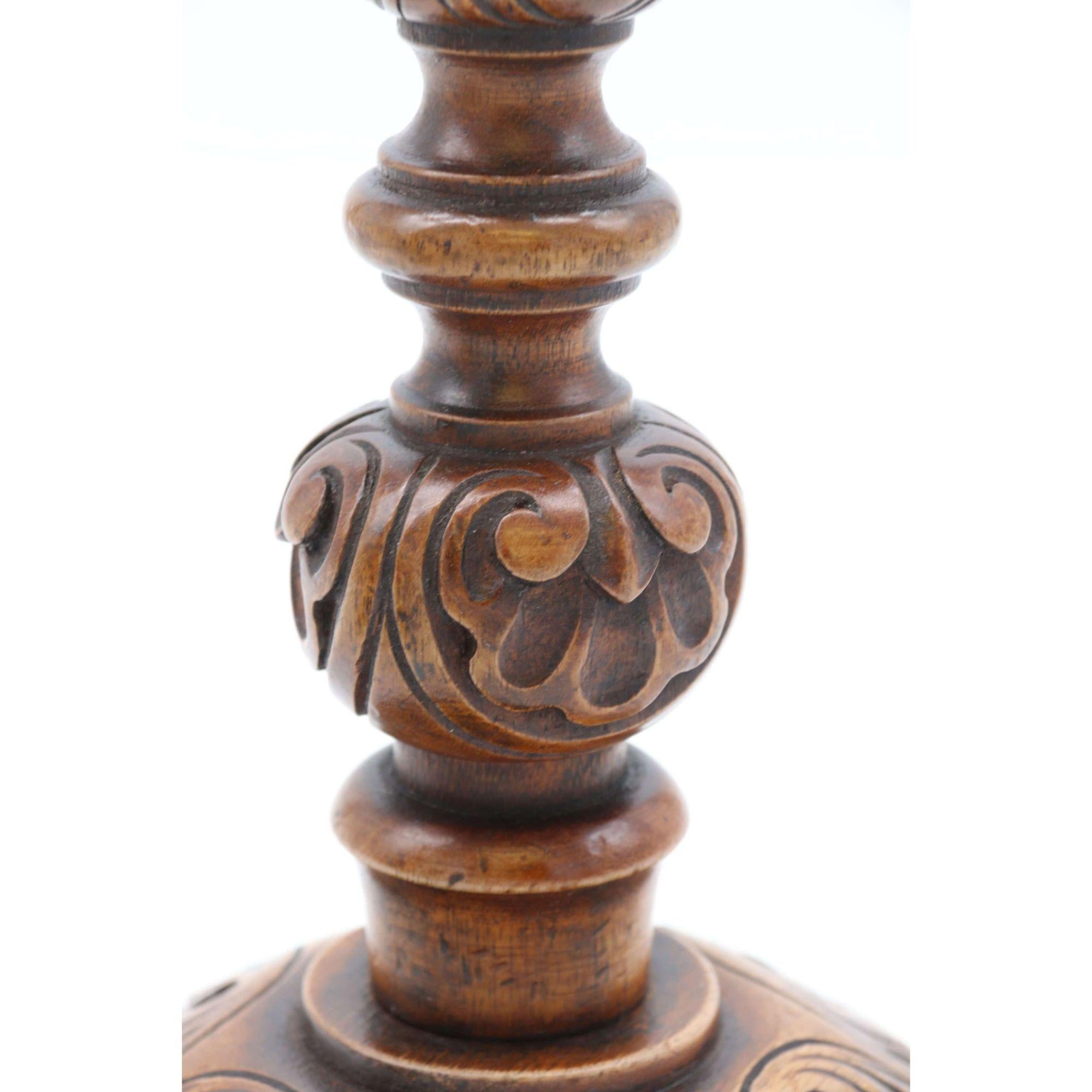 English 19th Century Carved Walnut and Brass Mounted Candlesticks, circa 1880 For Sale 8