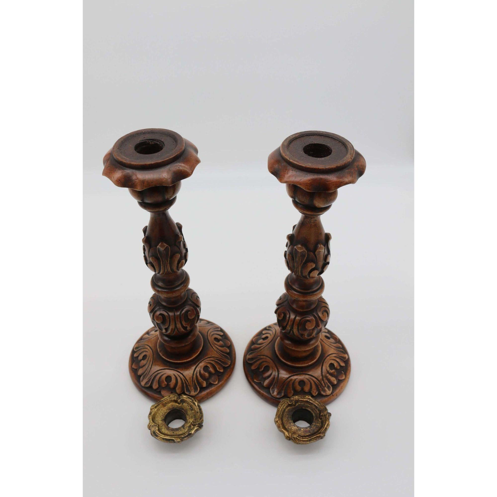 English 19th Century Carved Walnut and Brass Mounted Candlesticks, circa 1880 For Sale 10