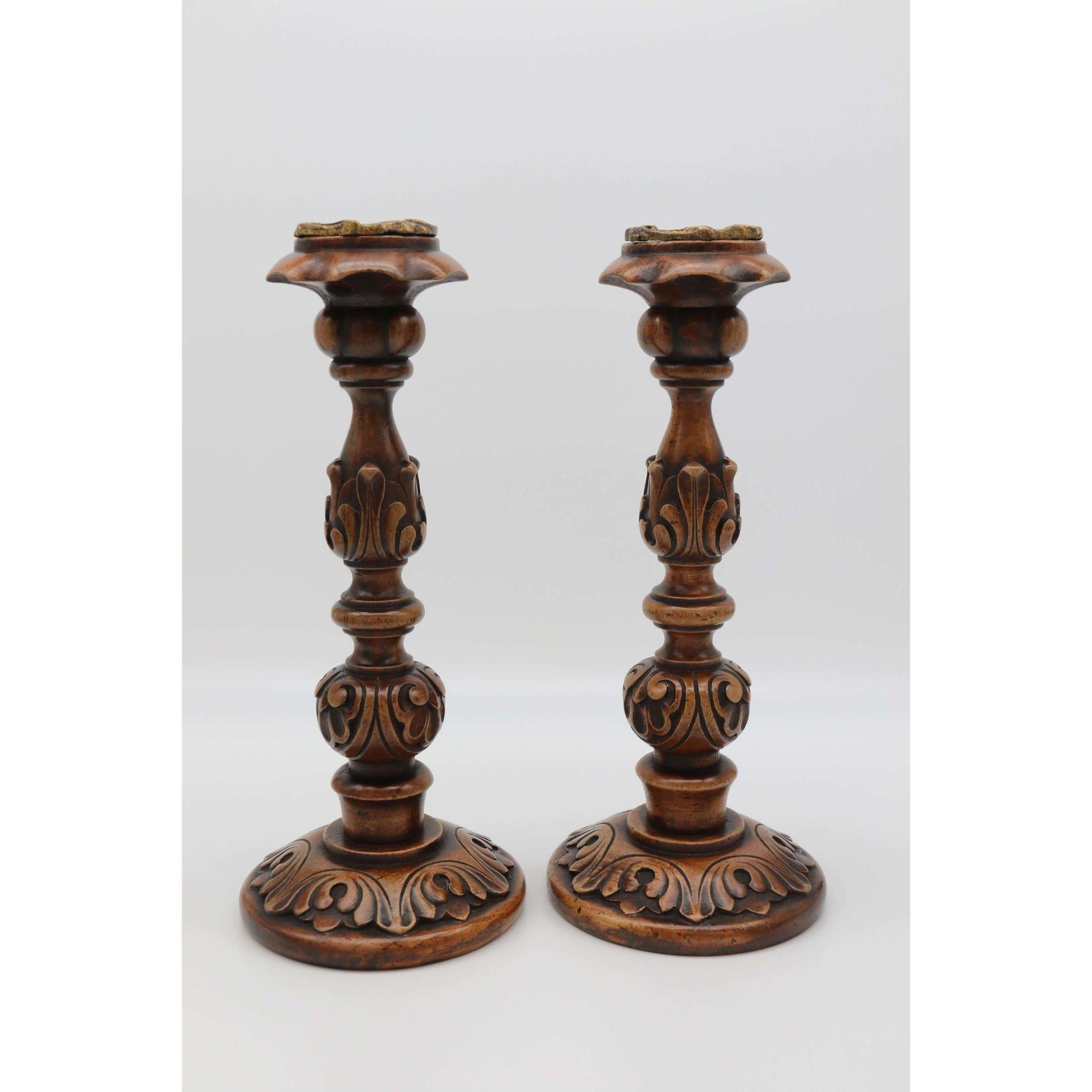 English 19th Century Carved Walnut and Brass Mounted Candlesticks, circa 1880 For Sale 1