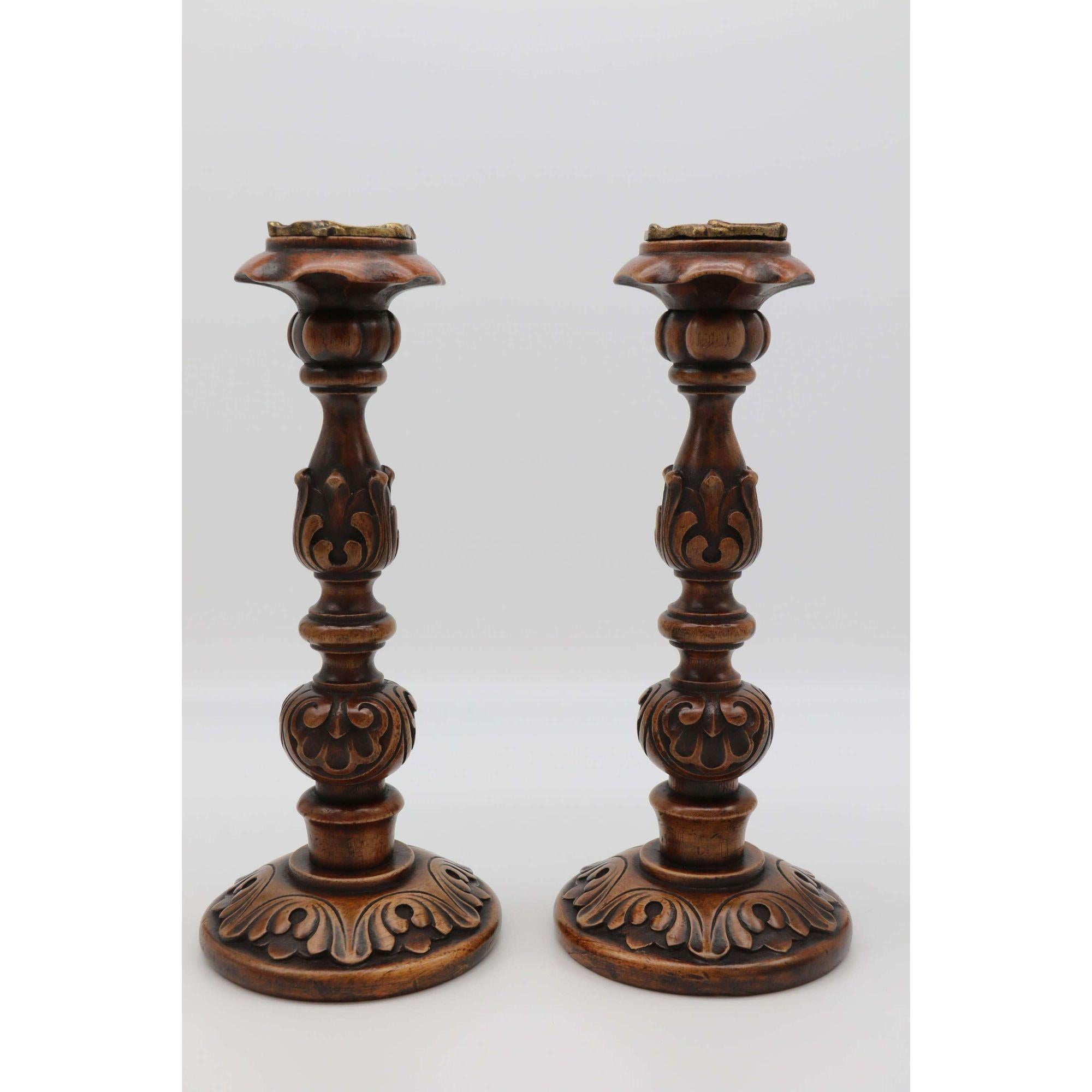 English 19th Century Carved Walnut and Brass Mounted Candlesticks, circa 1880 For Sale 2