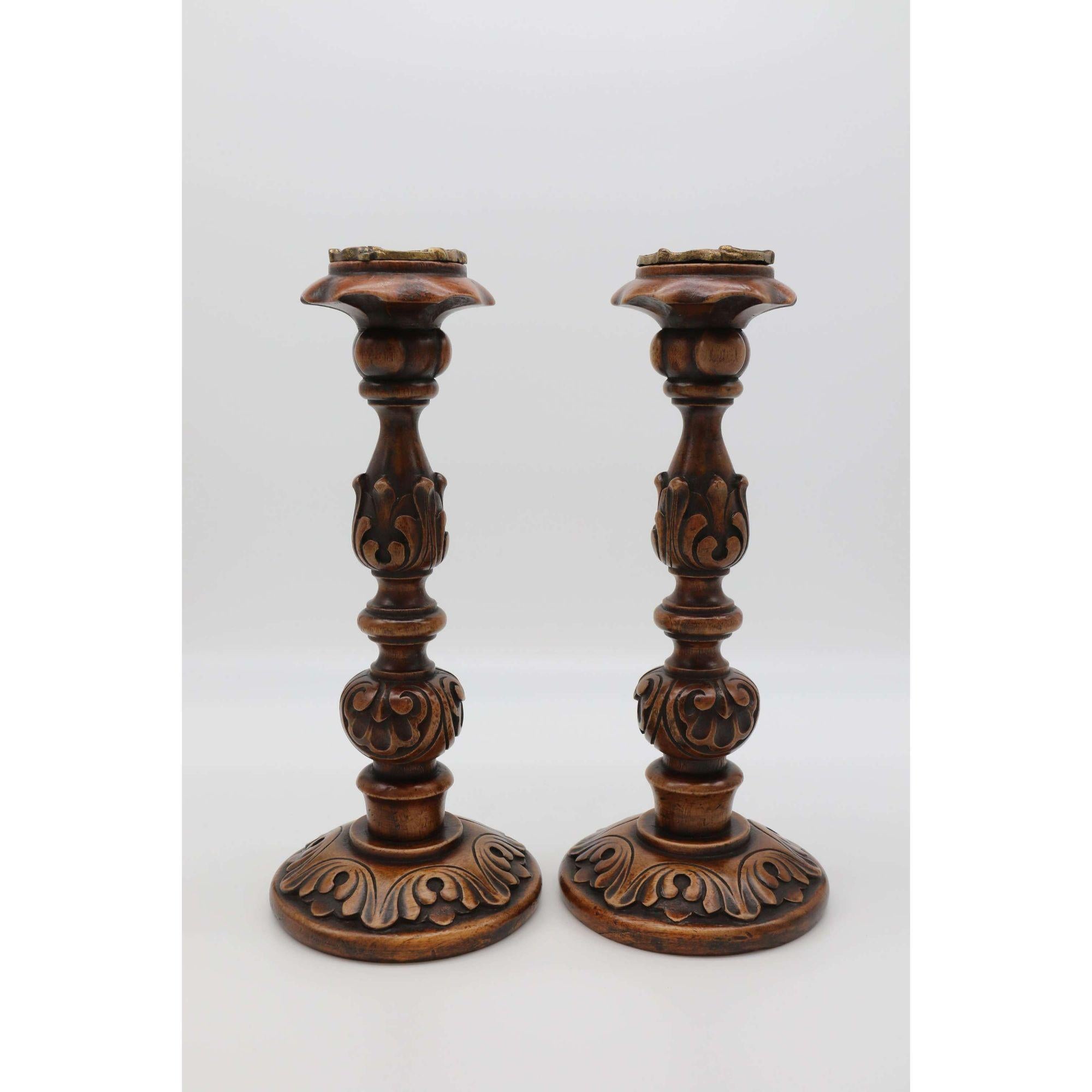 English 19th Century Carved Walnut and Brass Mounted Candlesticks, circa 1880 For Sale 3