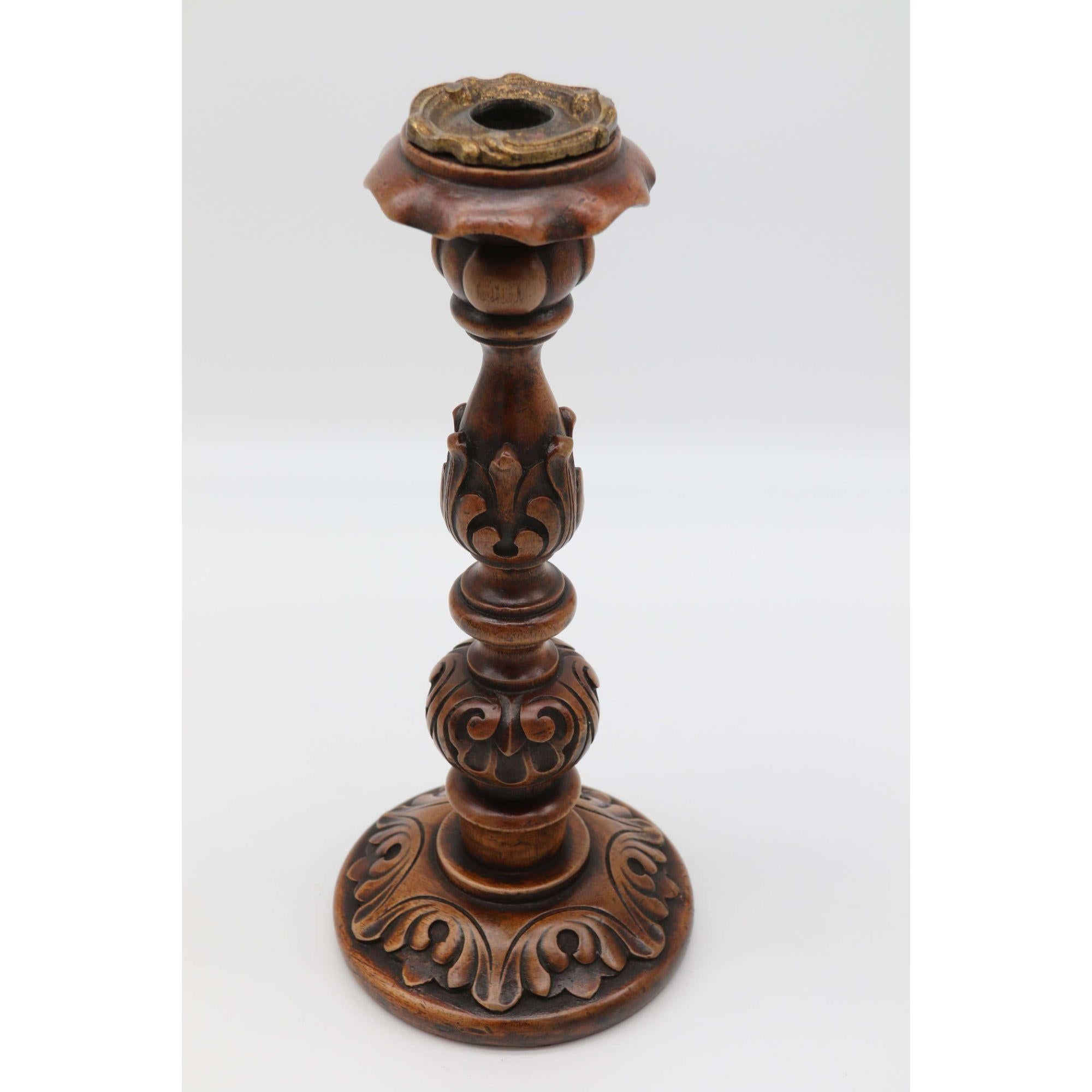 English 19th Century Carved Walnut and Brass Mounted Candlesticks, circa 1880 For Sale 4