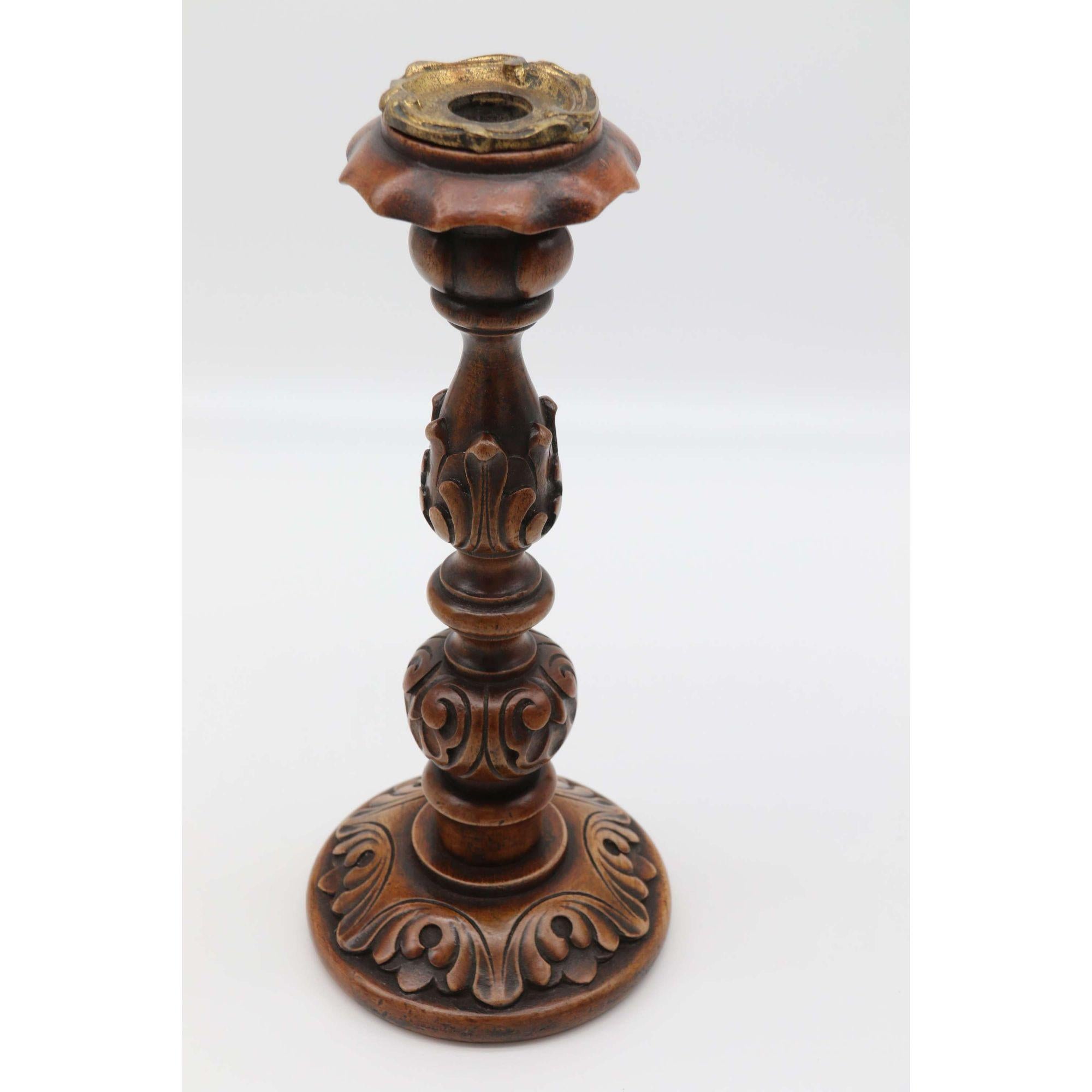 English 19th Century Carved Walnut and Brass Mounted Candlesticks, circa 1880 For Sale 5