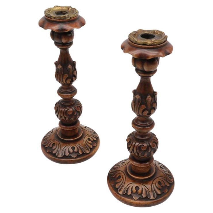 English 19th Century Carved Walnut and Brass Mounted Candlesticks, circa 1880