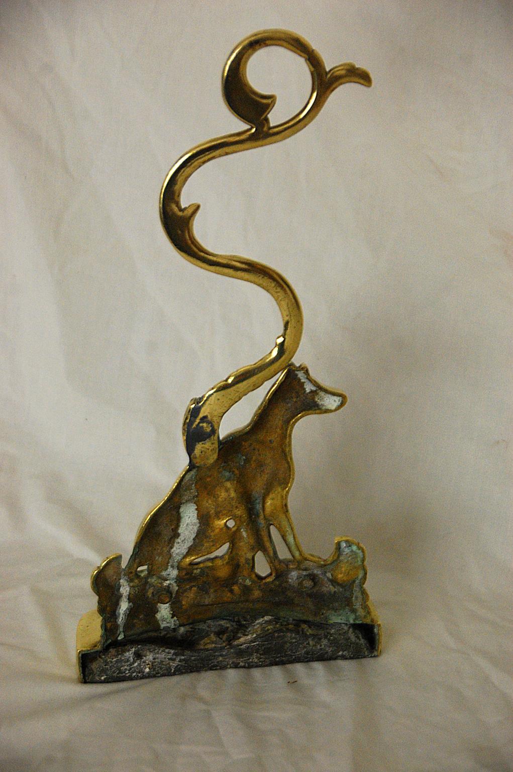 English 19th Century Cast Brass Dog Doorstop with Weighted Brass Base For Sale 1