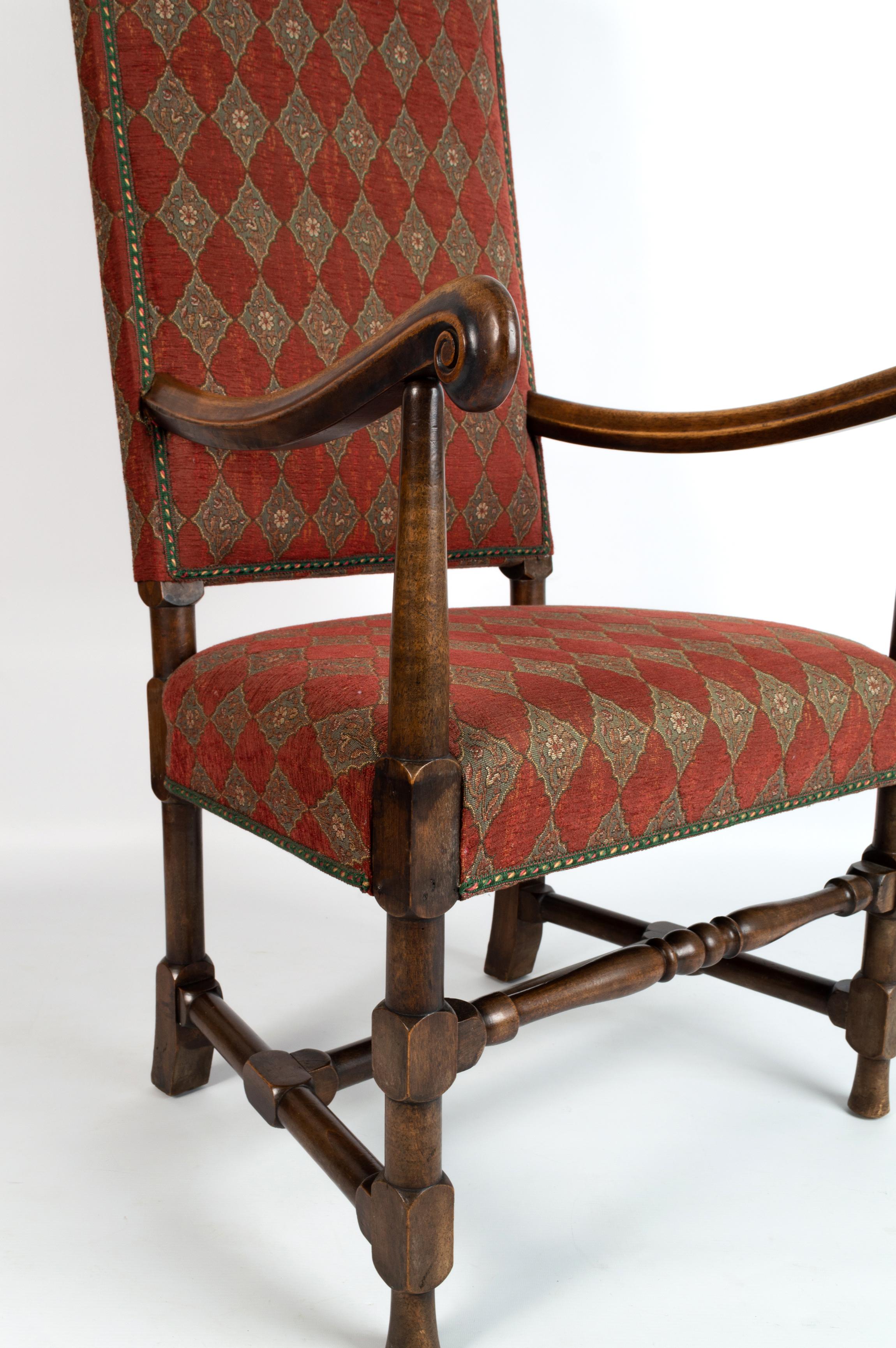 English 19th Century Charles II Style Upholstered High Back Elbow Chair In Good Condition For Sale In London, GB