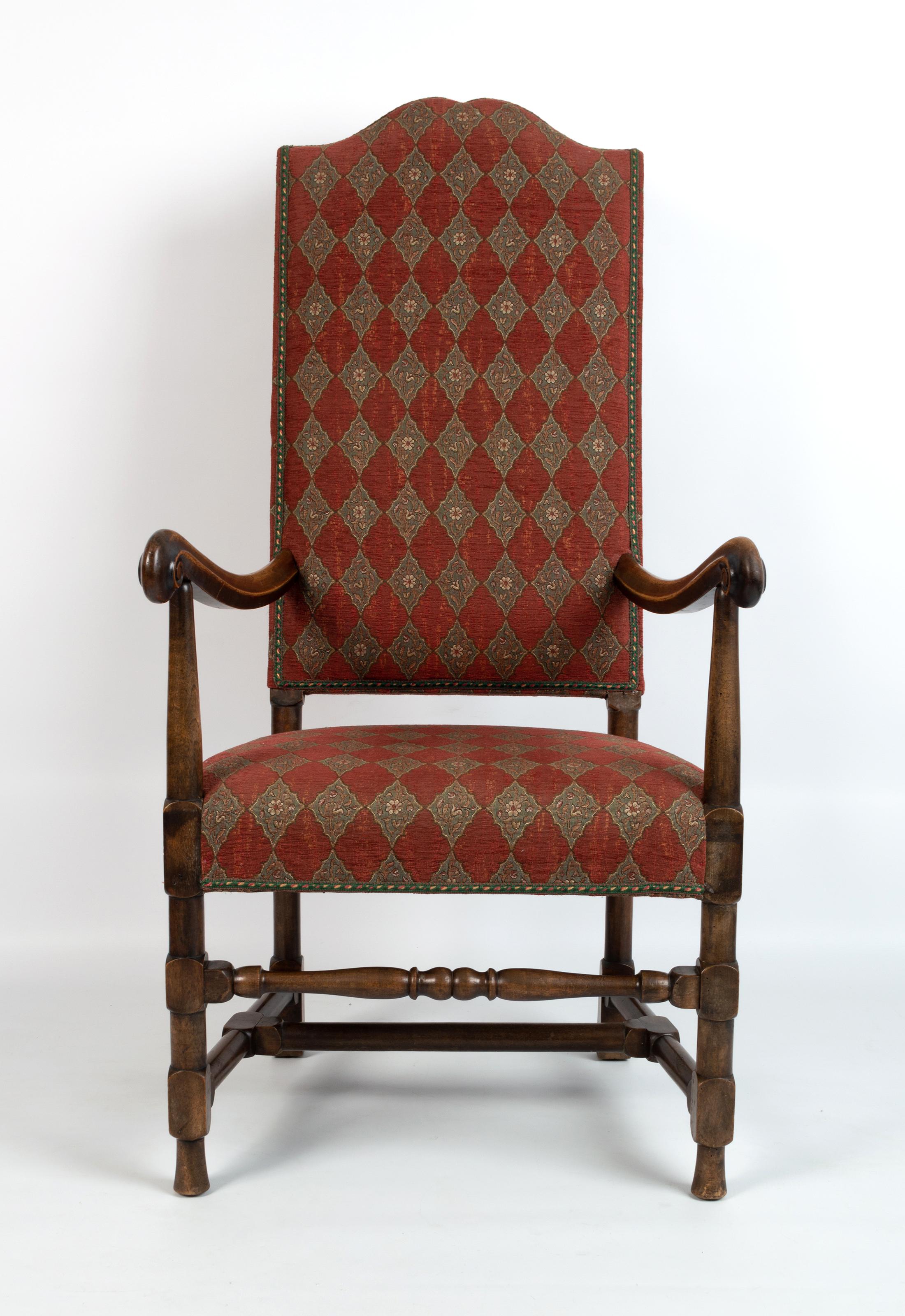 Upholstery English 19th Century Charles II Style Upholstered High Back Elbow Chair For Sale