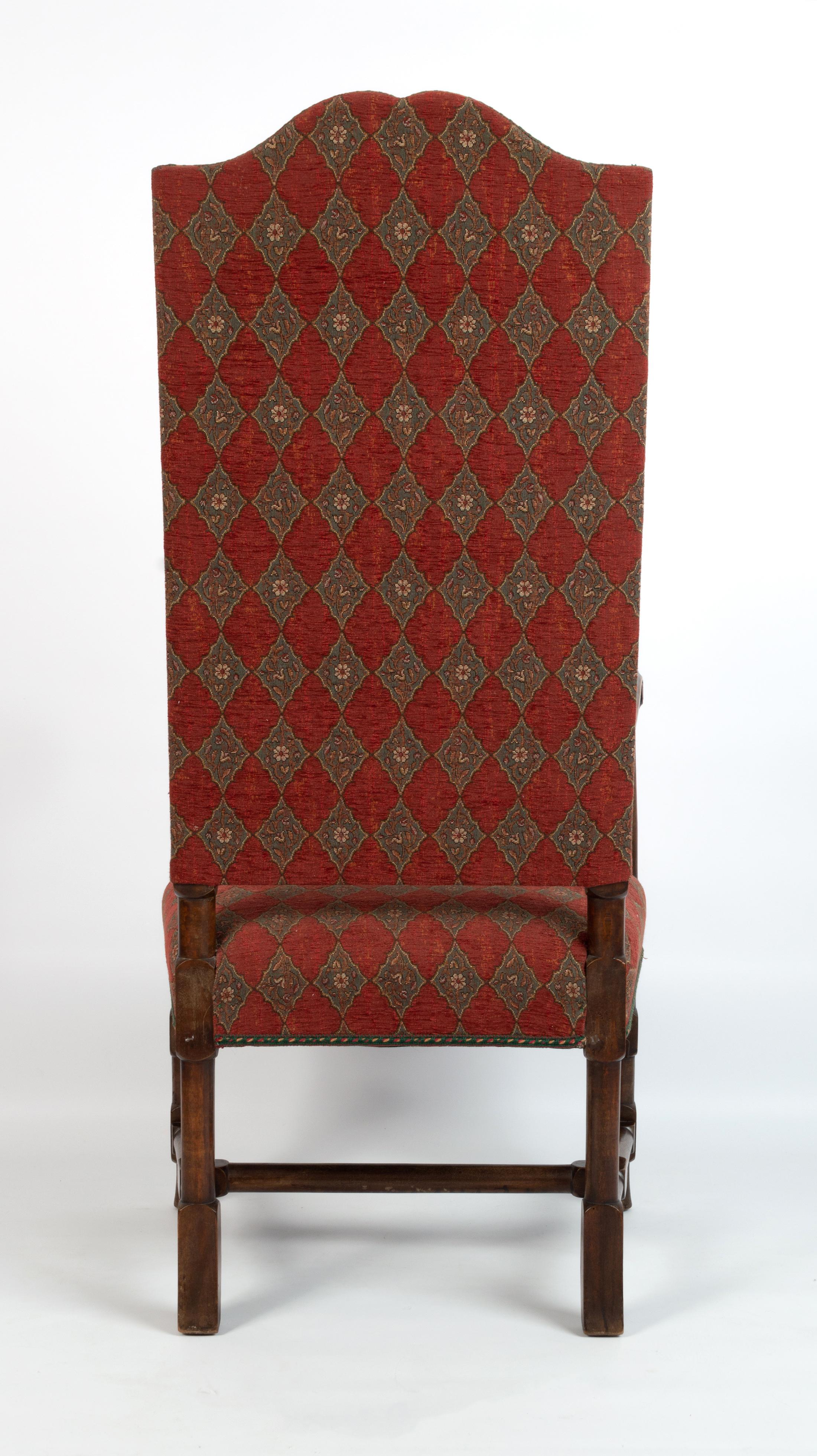 English 19th Century Charles II Style Upholstered High Back Elbow Chair For Sale 1