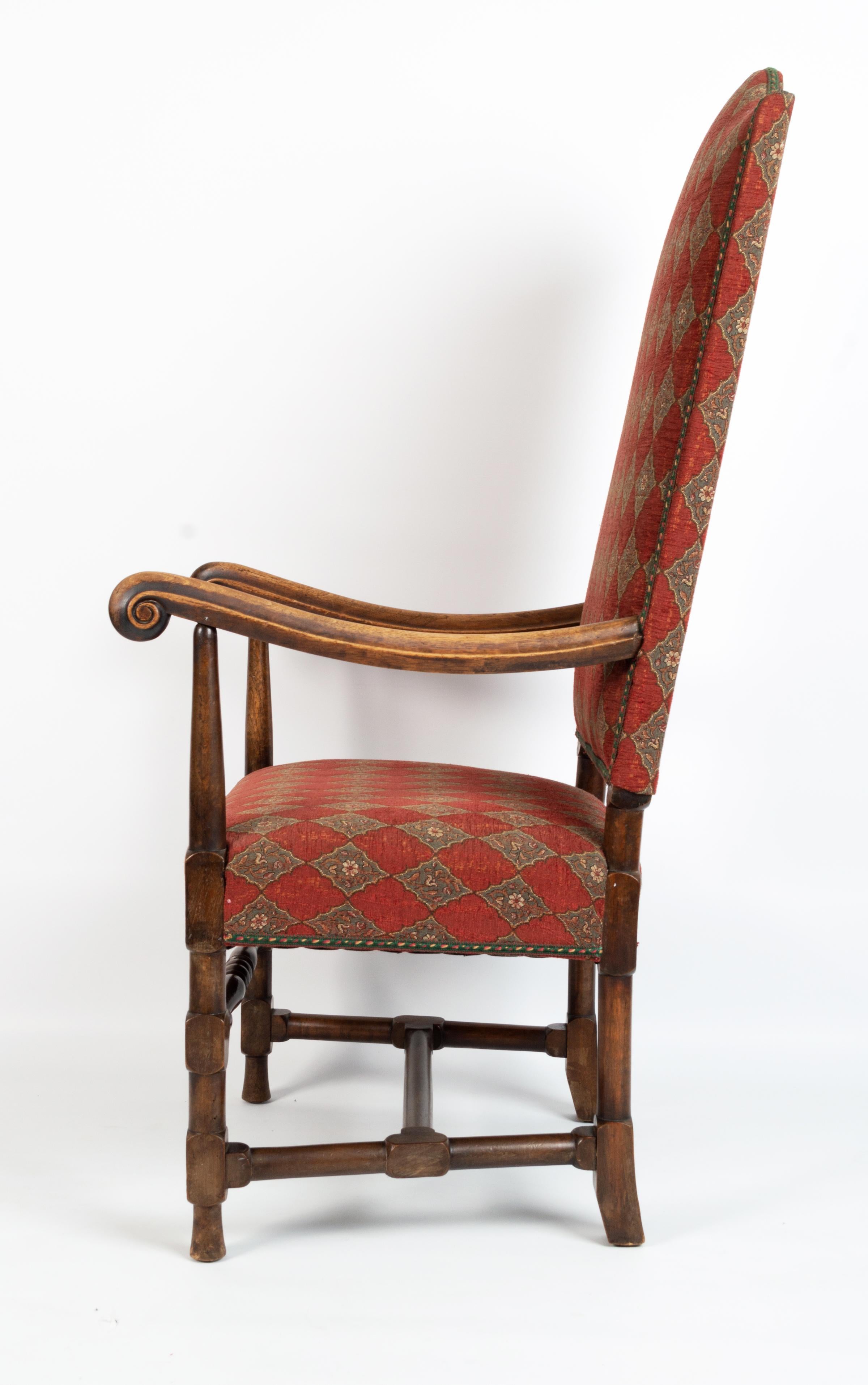English 19th Century Charles II Style Upholstered High Back Elbow Chair For Sale 2