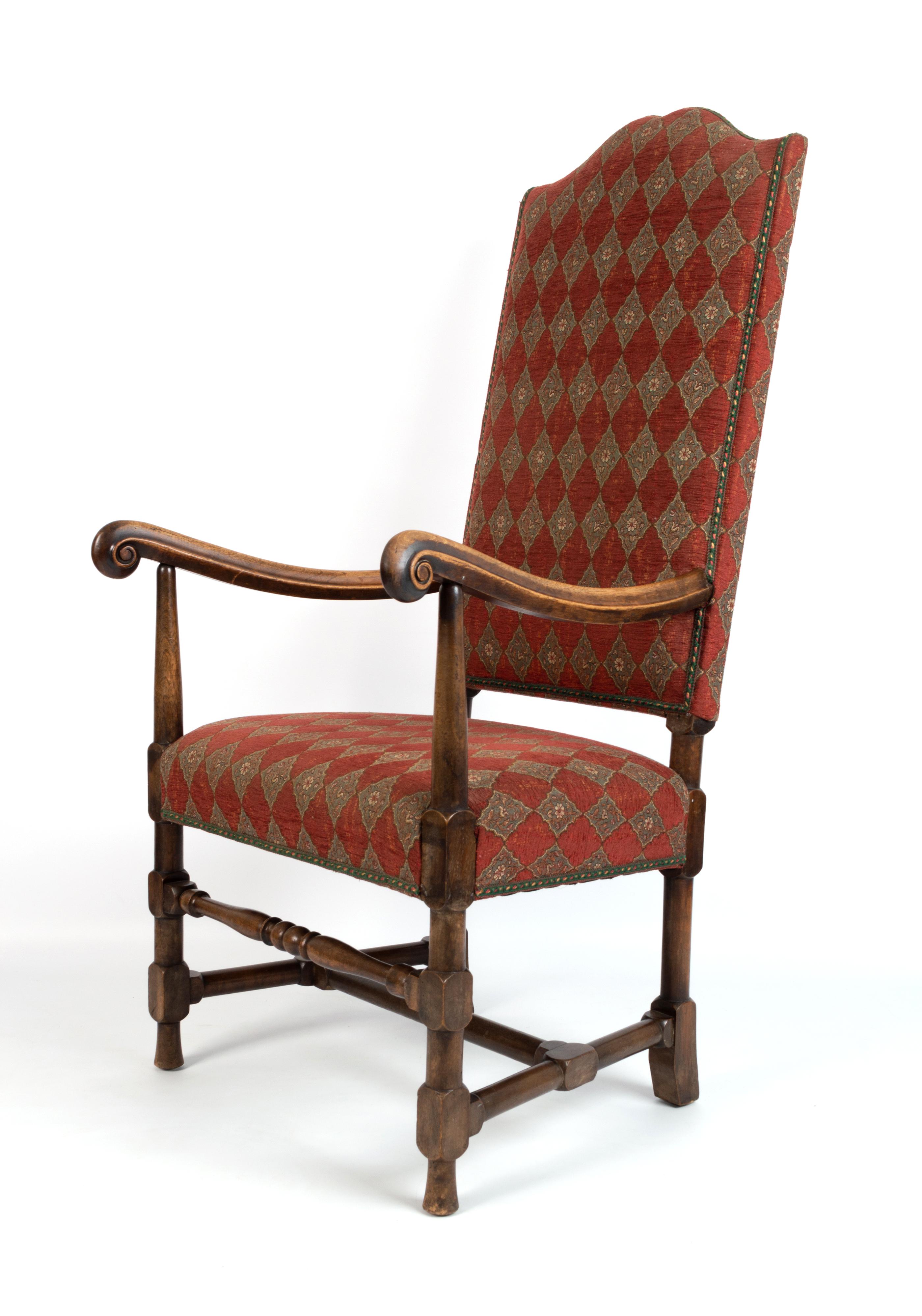 English 19th Century Charles II Style Upholstered High Back Elbow Chair For Sale 3