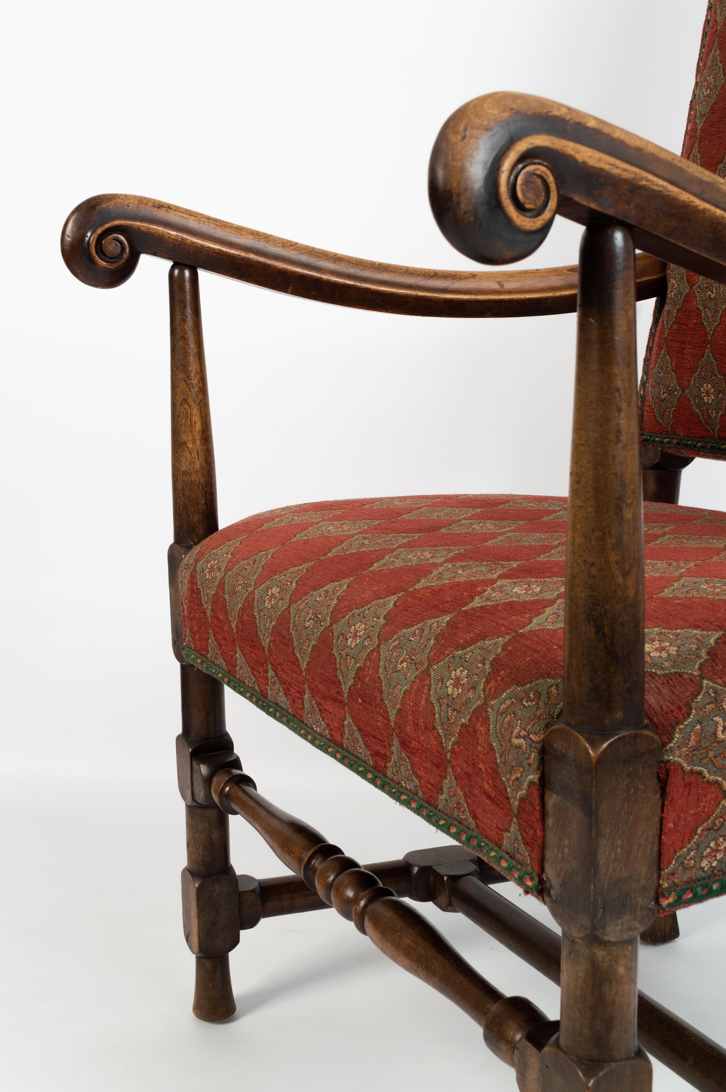 English 19th Century Charles II Style Upholstered High Back Elbow Chair For Sale 4