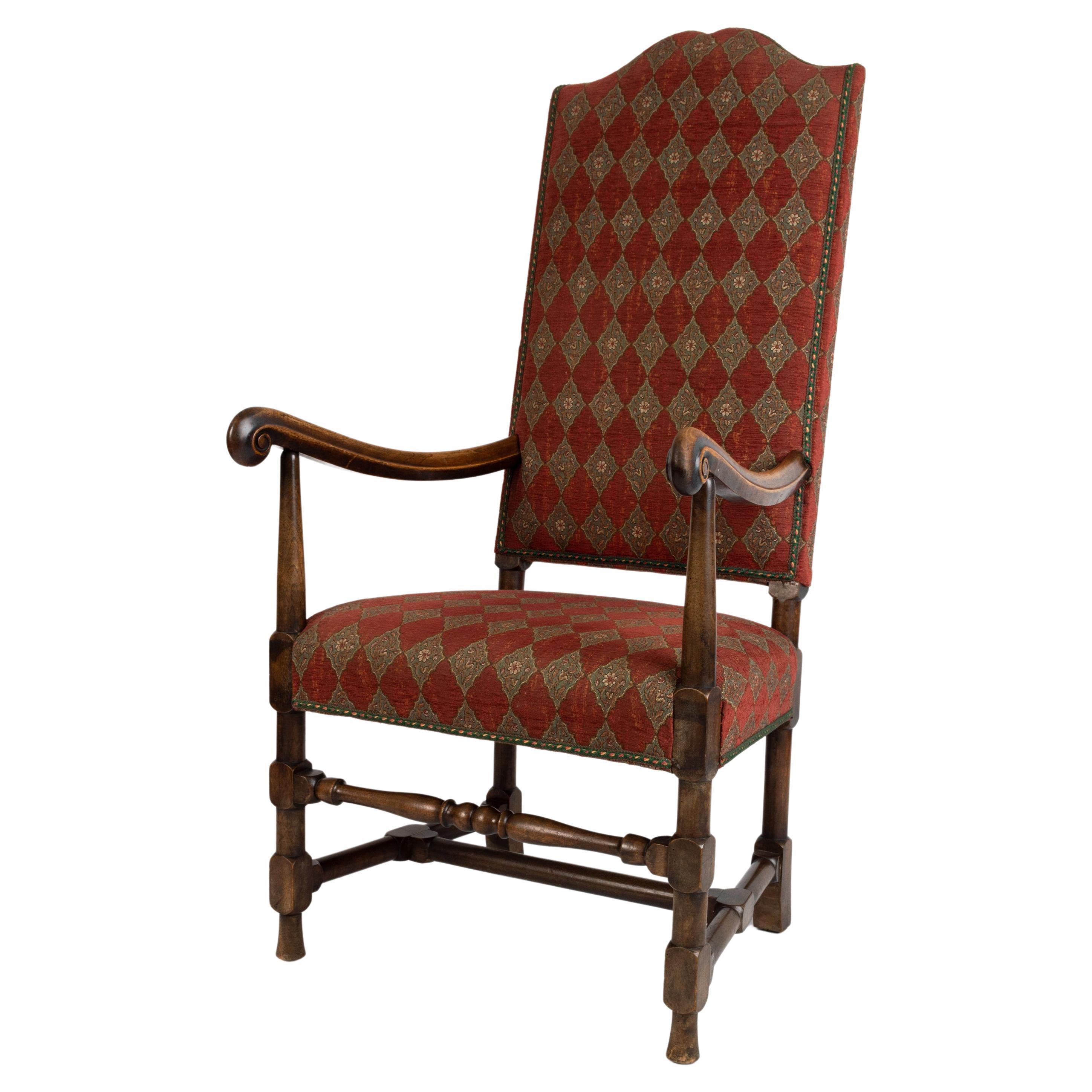 English 19th Century Charles II Style Upholstered High Back Elbow Chair For Sale